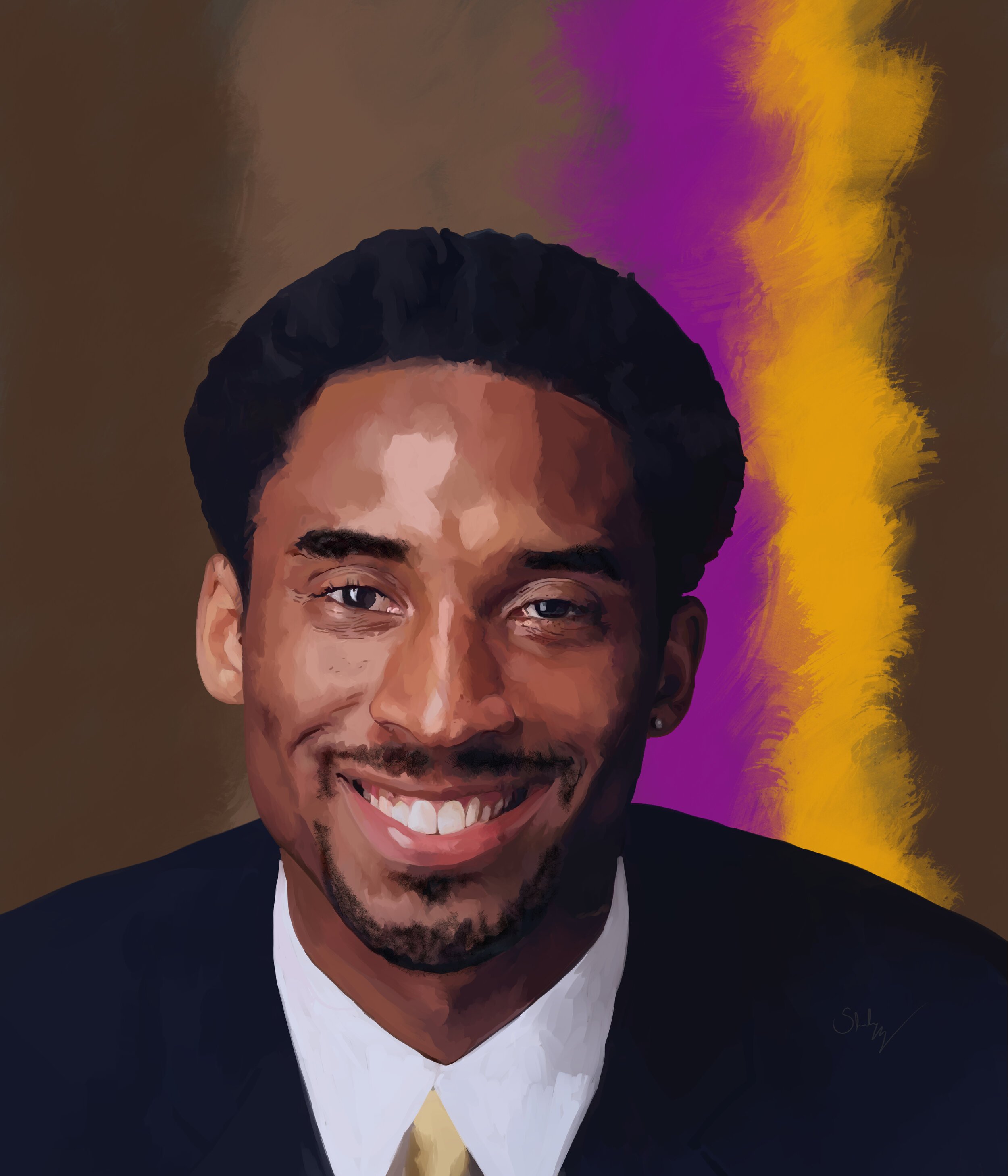 A digitally edited portrait of a smiling man with dark hair, facial hair, blue eyes, wearing a suit and tie, with a colorful purple and yellow background.