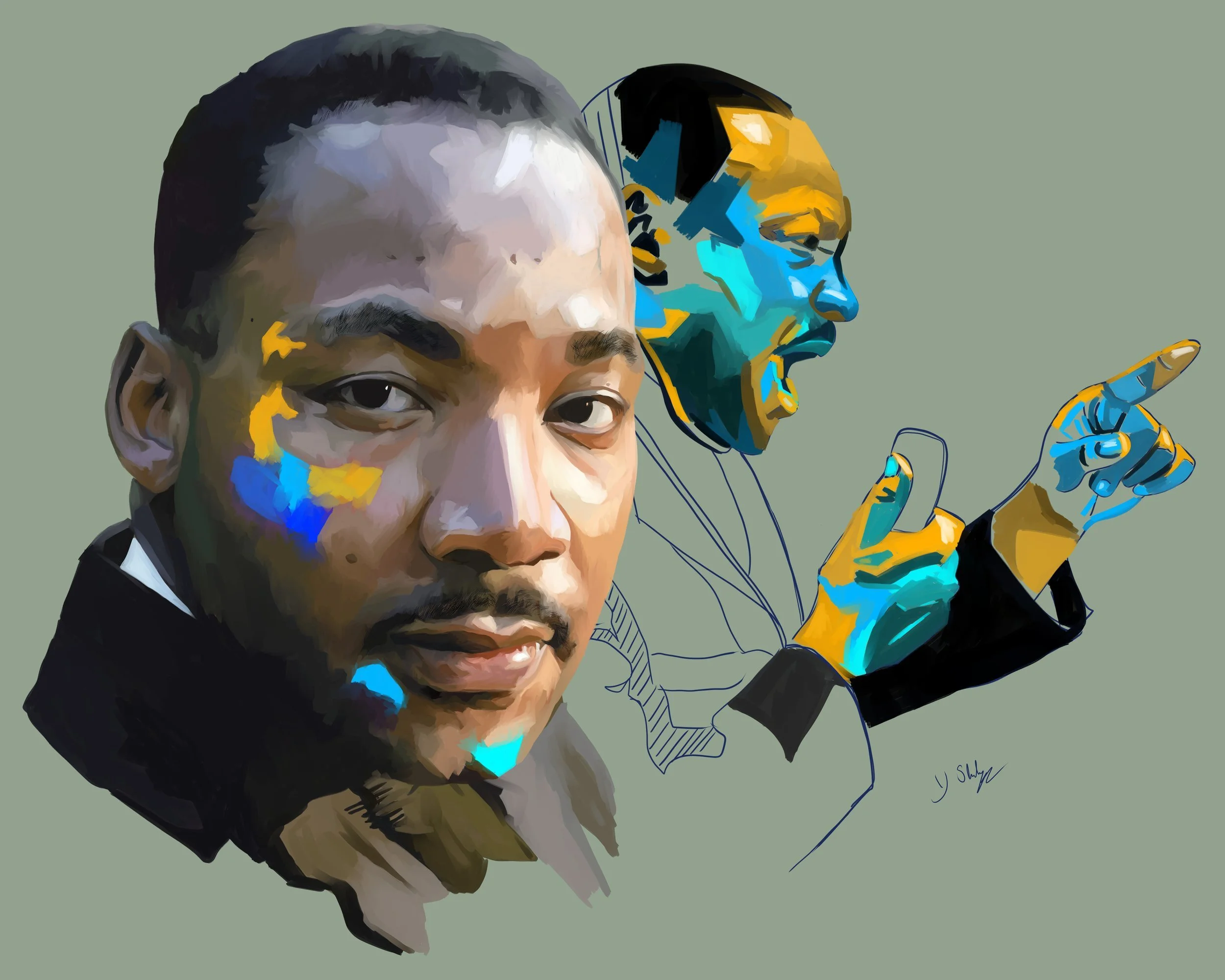 Digital art portrait of an Asian man with paint on his face, alongside a stylized, colorful line drawing of the same man singing into a microphone and wearing headphones.