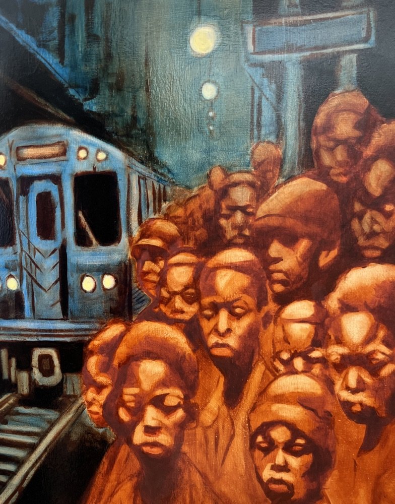 Painting of a crowd of people waiting at a train station, with a blue train on the left and several streetlights overhead.