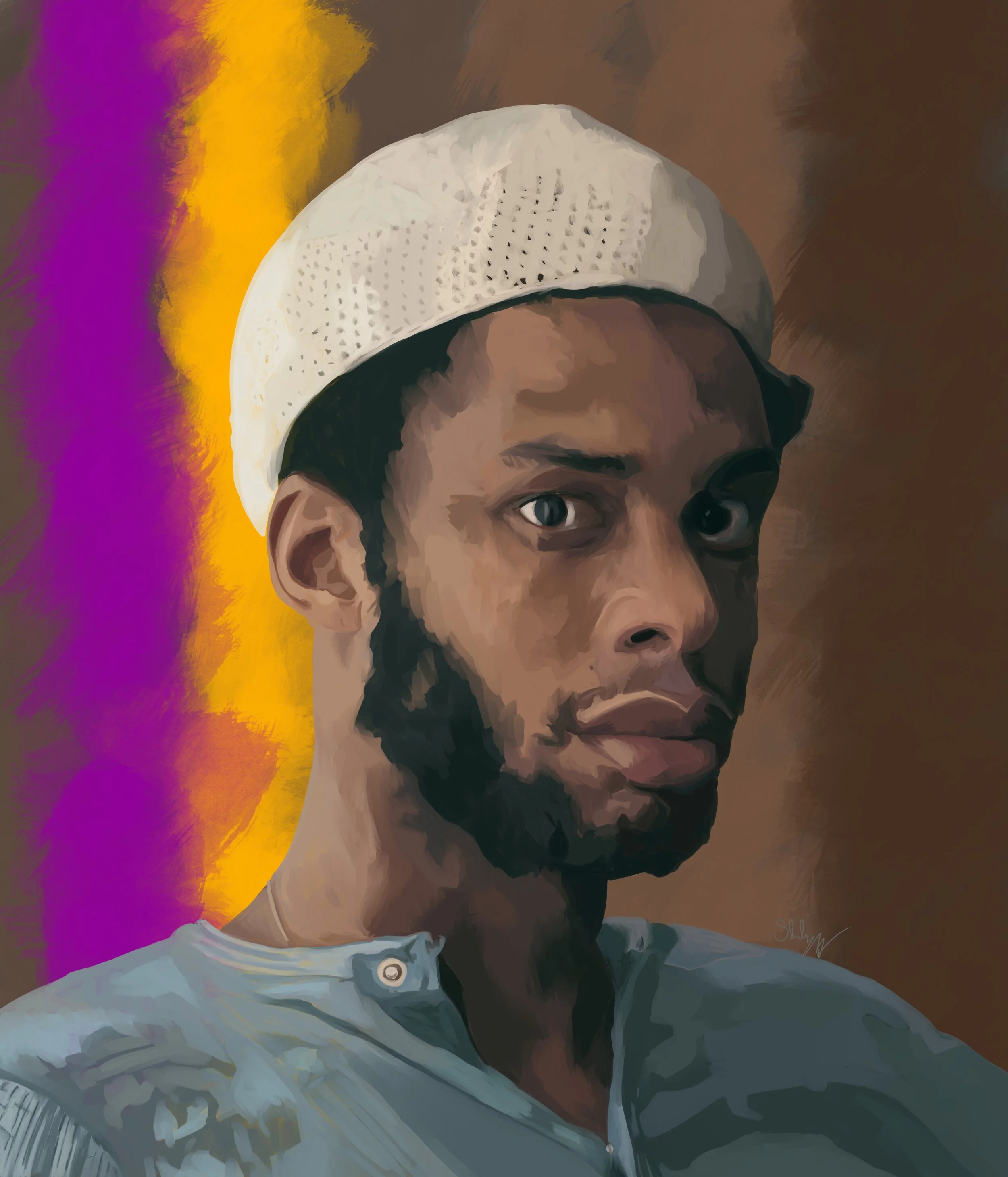 Digital painting of a young man with a beard wearing a white cap and a white shirt, against a colorful background with shades of purple, yellow, and brown.