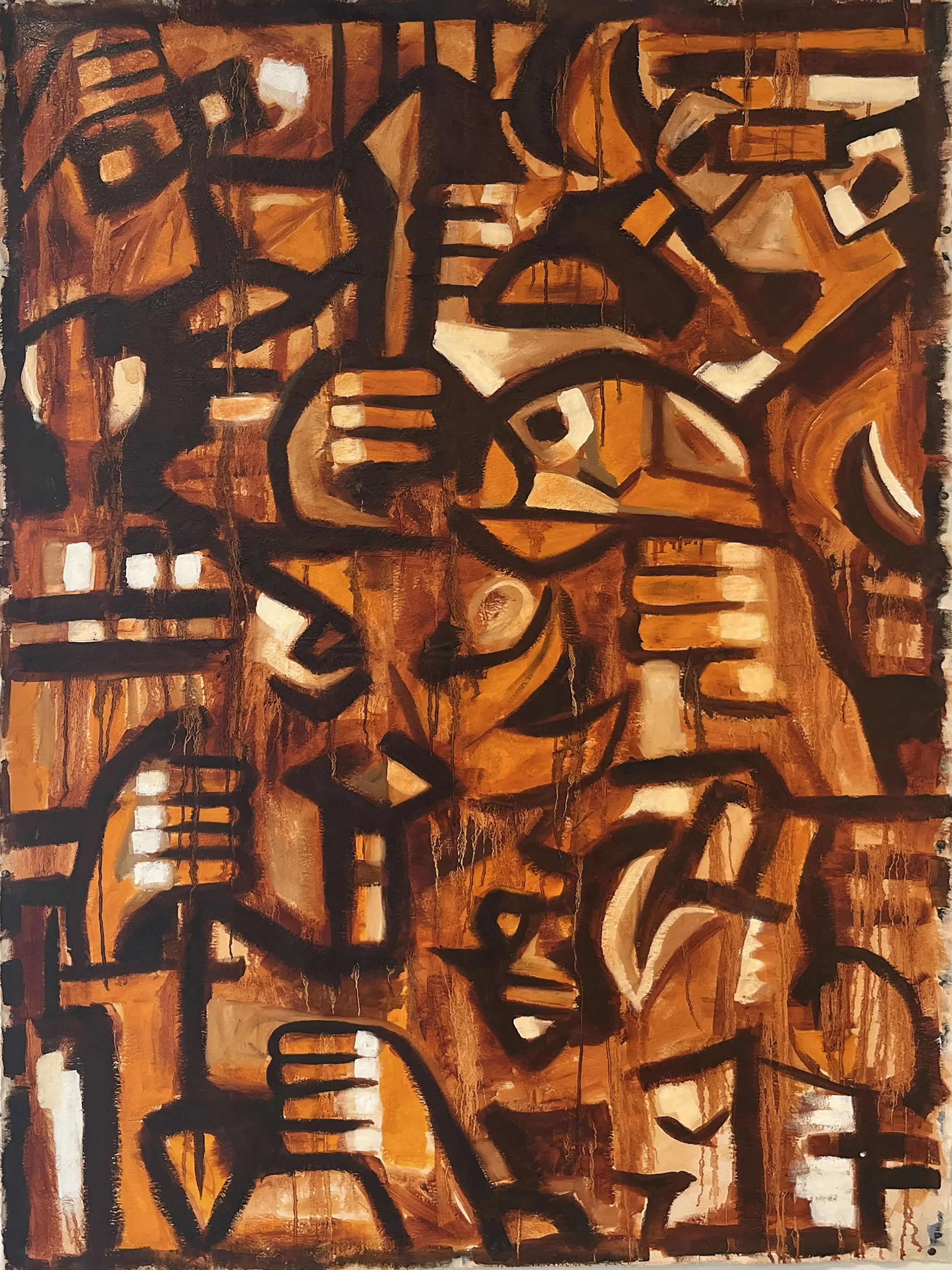 An abstract painting with bold black lines and various shades of orange, brown, and white. The composition includes geometric shapes and overlapping forms, creating a dynamic and textured visual effect.