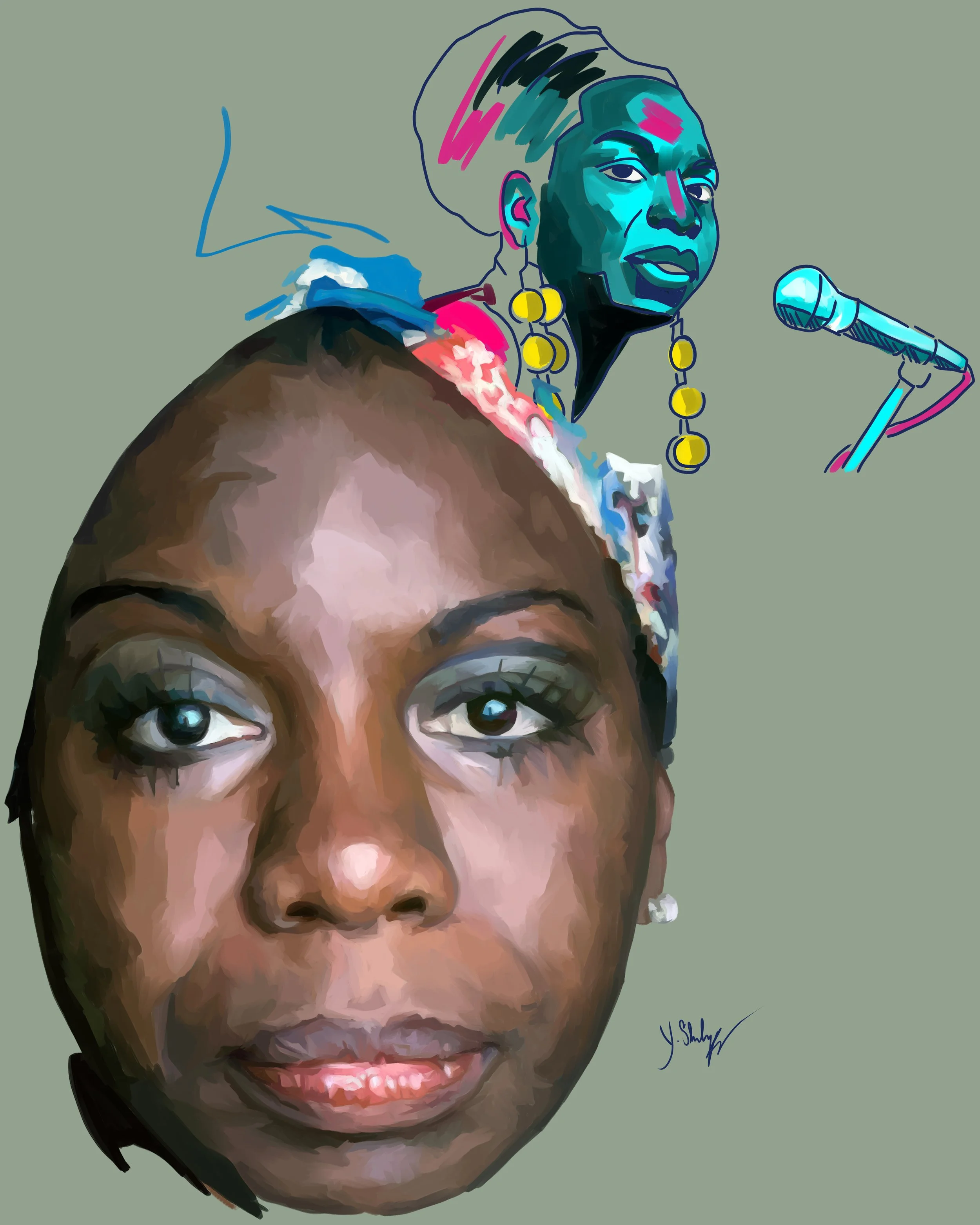 A digital painting depicting a close-up portrait of a young African American woman with natural makeup and earrings, with a larger version of her face in the background. Above her, an illustration of an older African American woman with a turban, col