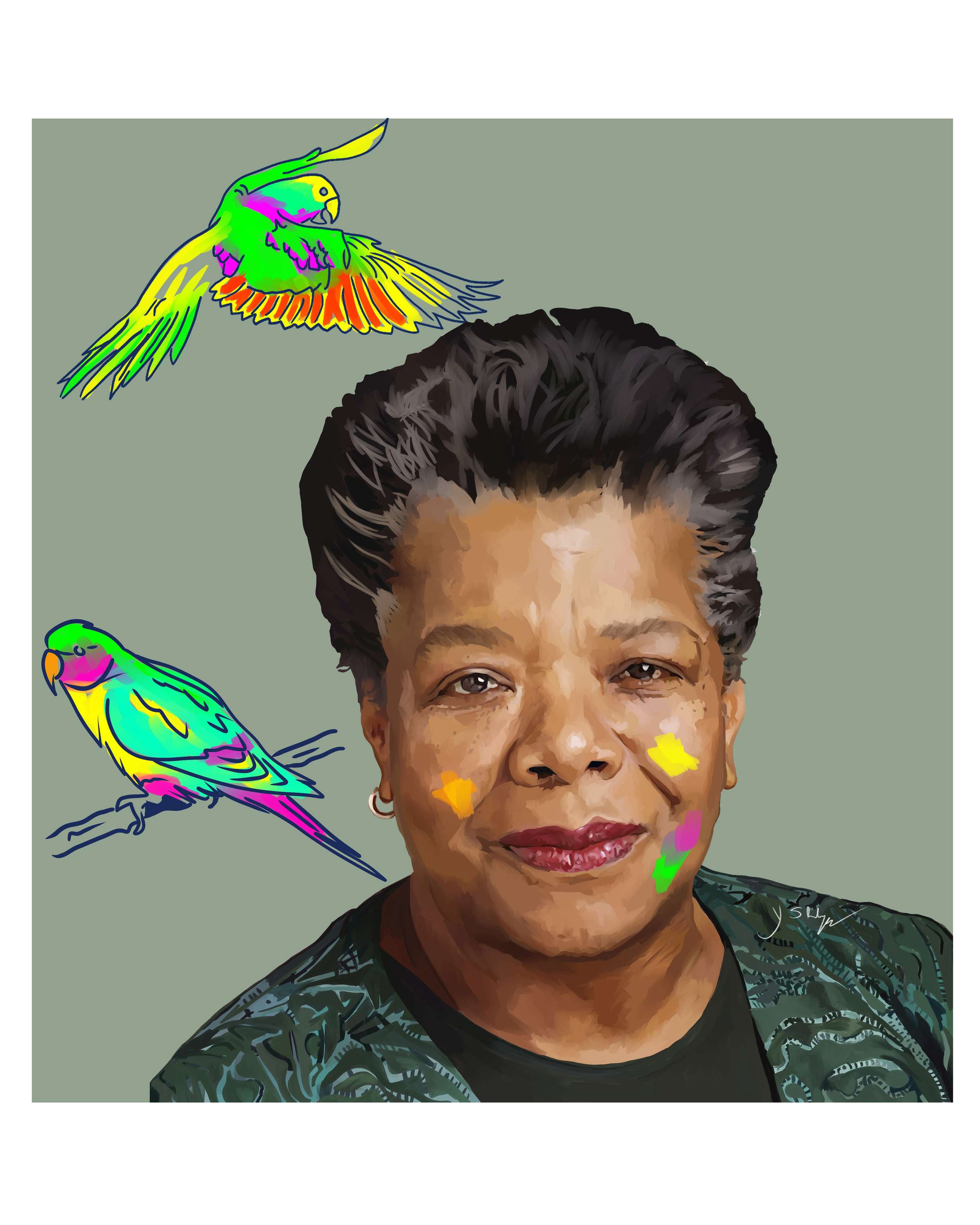 A digital illustration of an older woman with short dark hair, brown eyes, and a warm smile, with colorful paint splotches on her face. The background is muted green, and there are three stylized, colorful line drawings of birds flying around her, ad