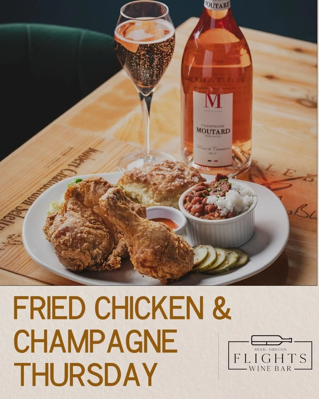 Don't miss out on our favorite day of the week - Fried Chicken & Champagne Thursday!
Enjoy our 2-piece dine in special with 2 sides, a biscuit, & an optional champagne pairing or grab our 8-piece to go bucket with biscuits to enjoy at home!