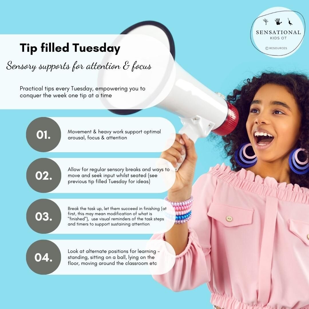 🔑 Time for tip-filled Tuesday -  aimed to empower you with the knowledge to conquer the week one tip at a time 🧠 

Sensory Superpowers: Explore how the right sensory input can ignite focus and attention, unlocking hidden potential and paving the wa