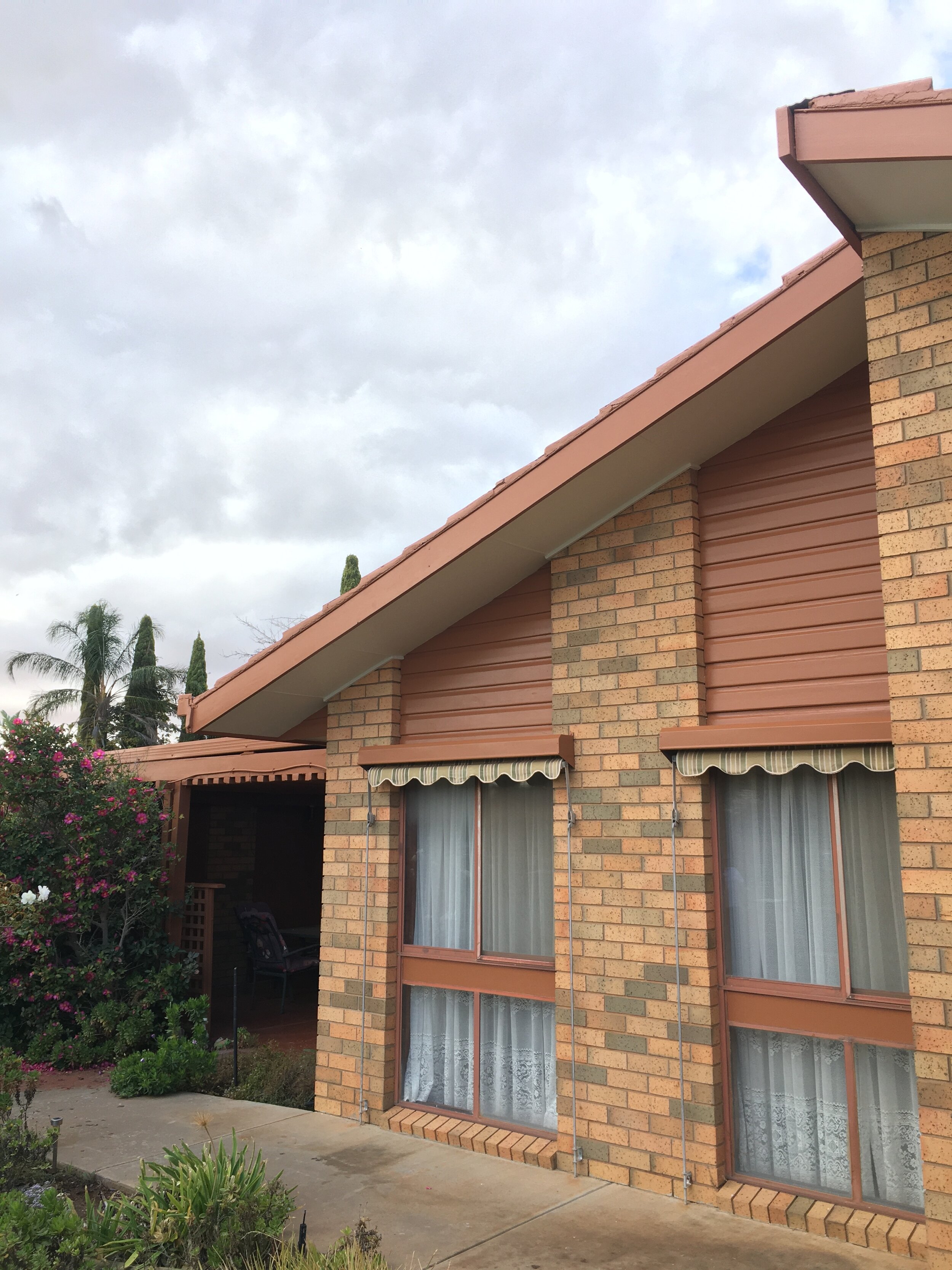 A brick house with a sloped roof and two windows with curtains, surrounded by a garden with flowering bushes and plants, under a cloudy sky.