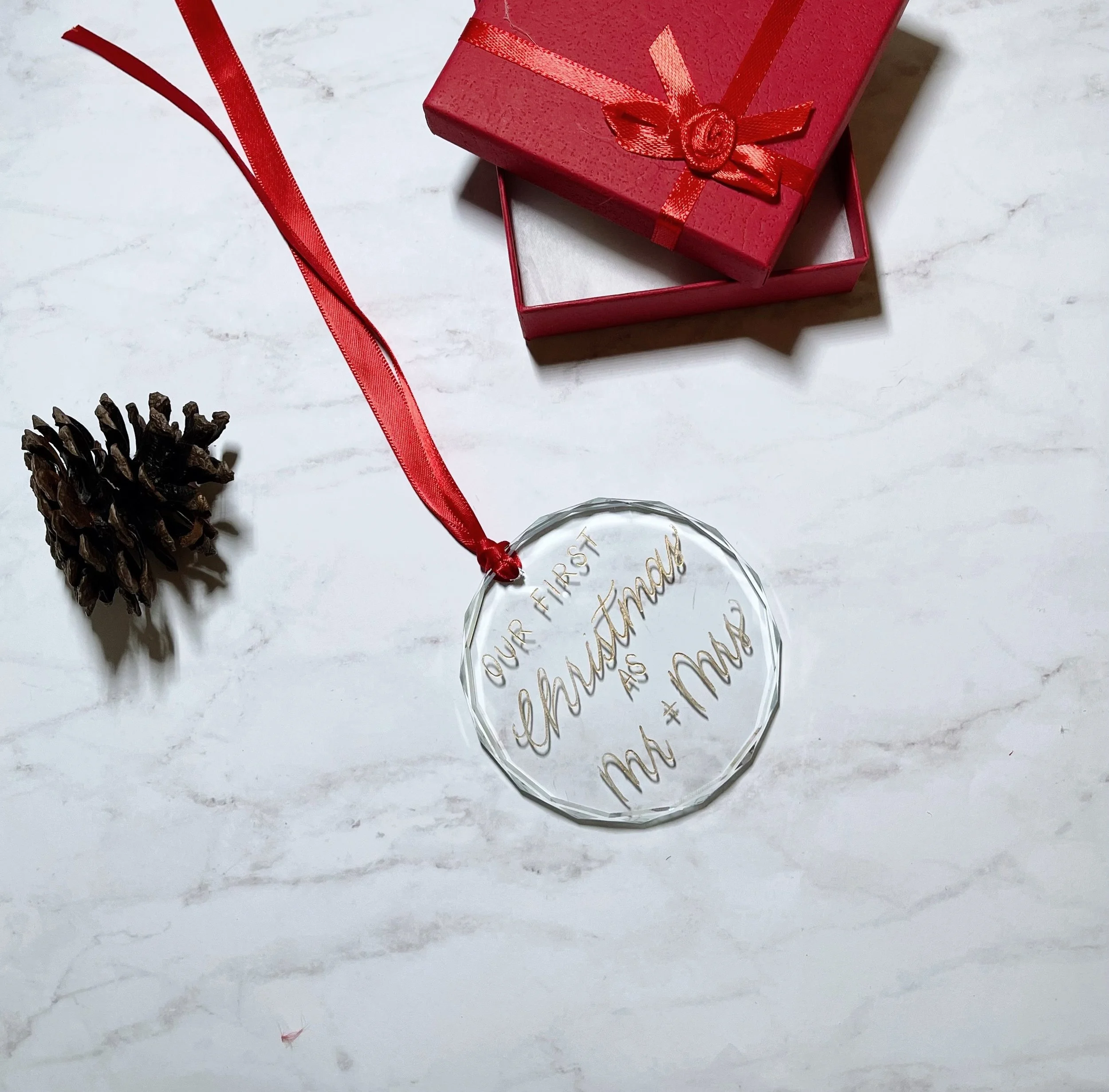 Custom Hand Engraved Glass Christmas Ornament Letter Crafted Ink.jpg