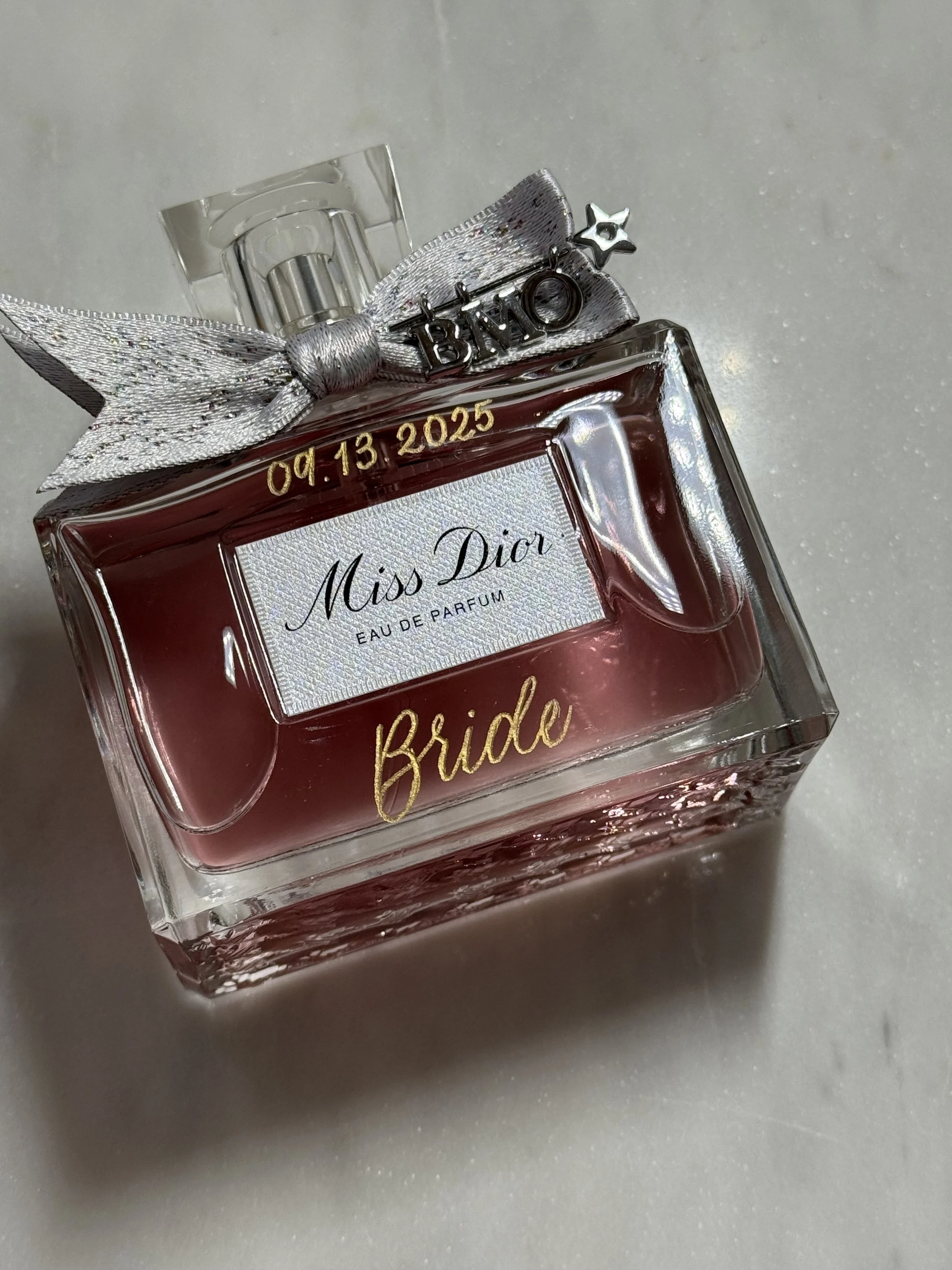 Miss Dior engraved perfume with Bride and date written in gold calligraphy