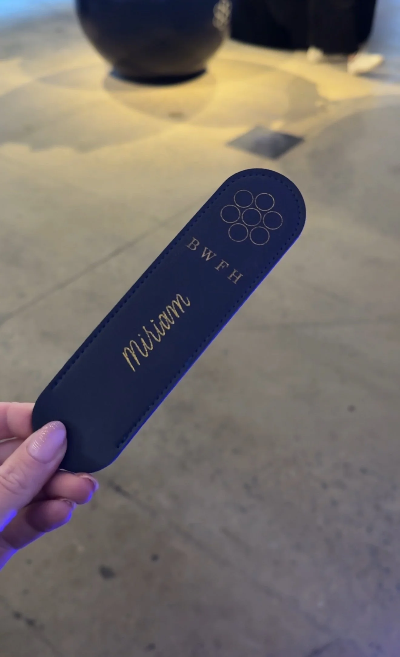 Leather Perfume Travel case engraved with BWFH logo for influencer event. Custom personalization provided on-site to add attendees names