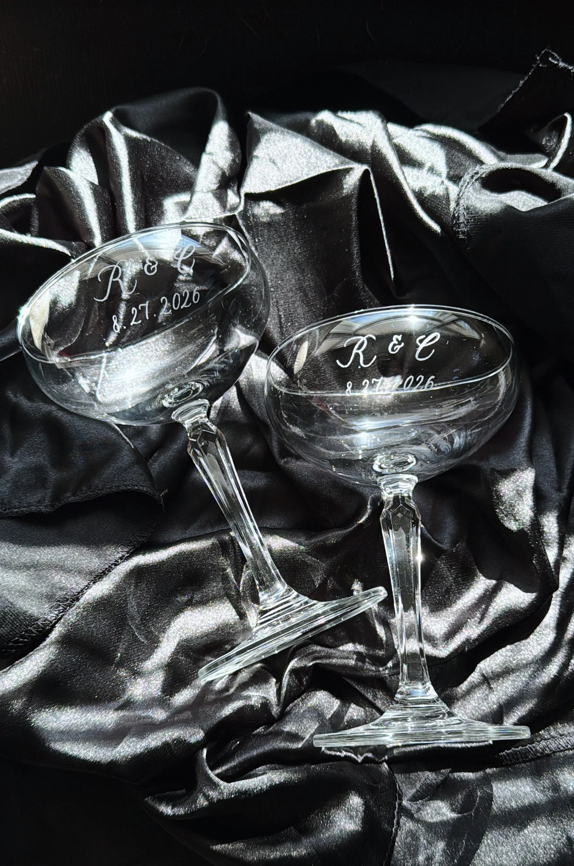 Custom engraved coupe glasses with "R&C"