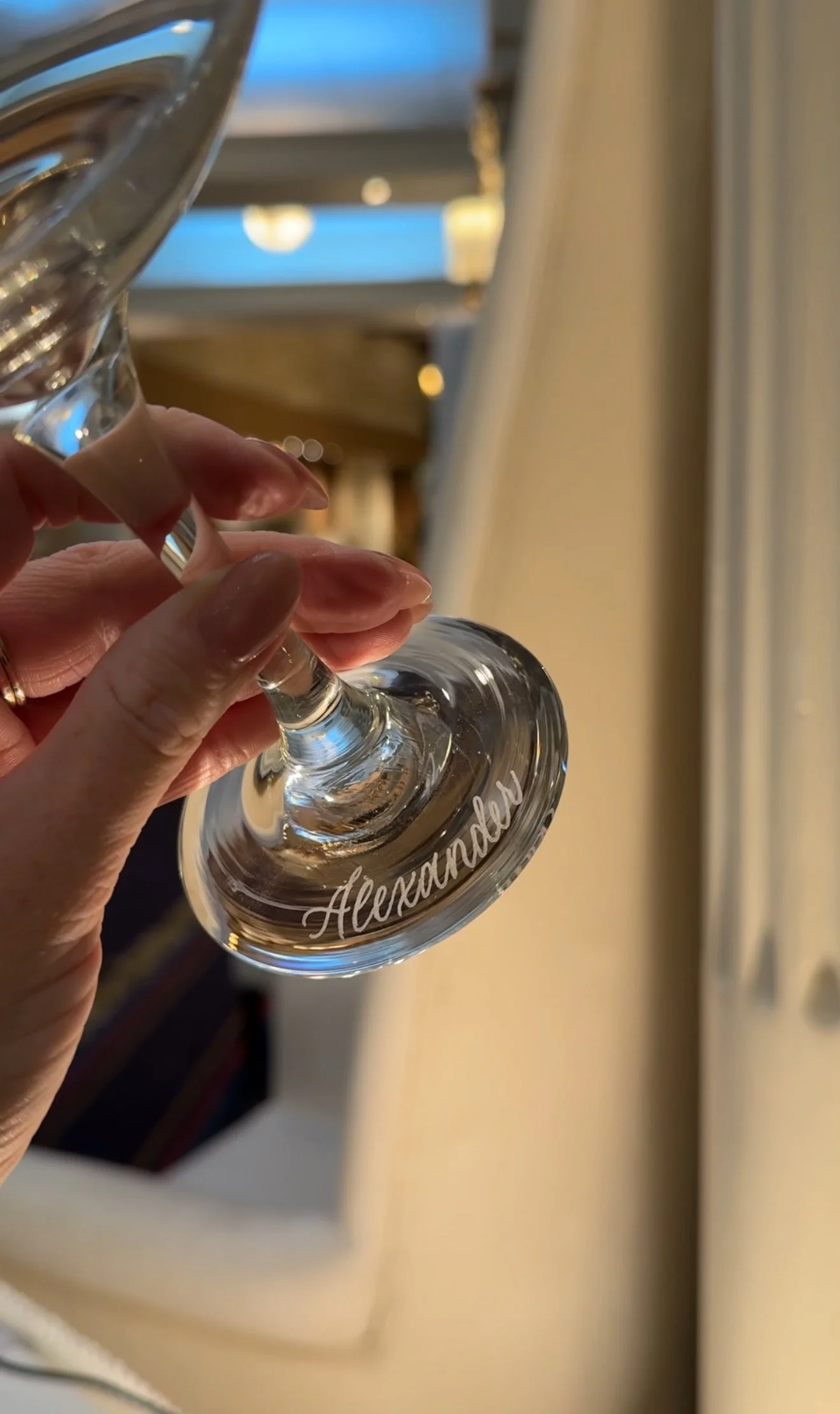 couple glass engraved with the name Alexander