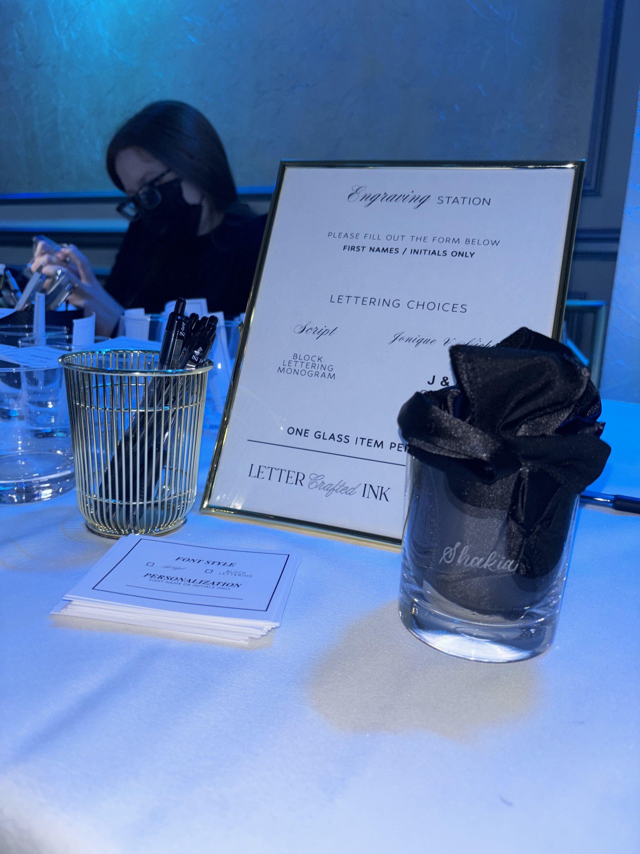 Engraved Glass, signage, pens and artist engraving live wedding favors
