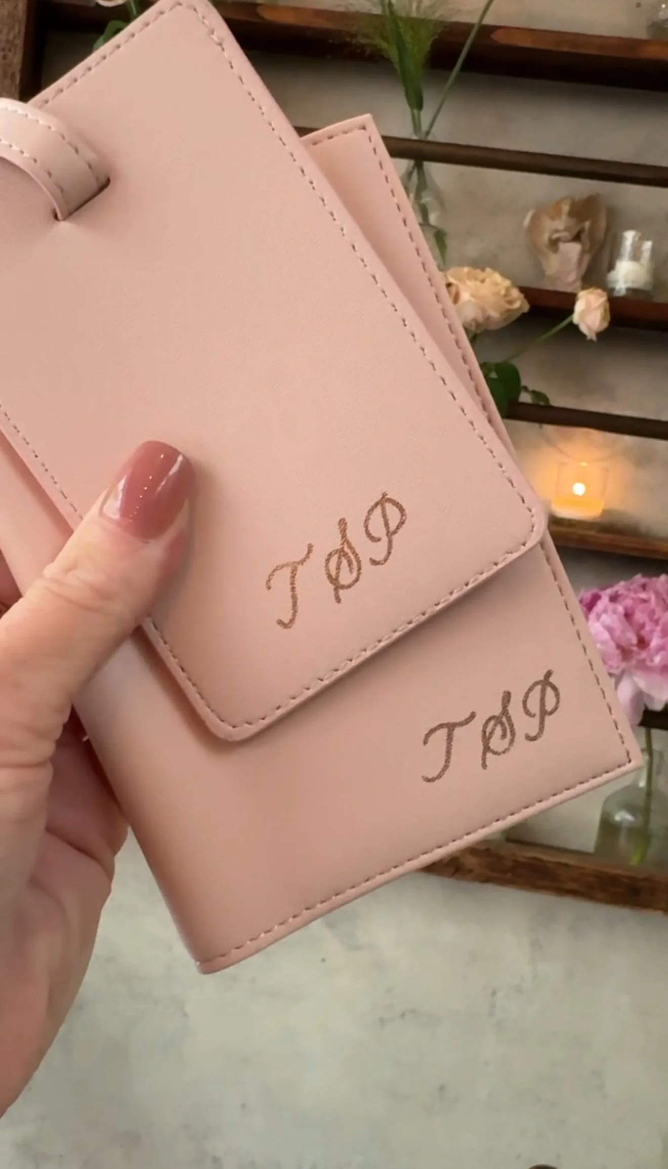 Pink Luggage Tag and Passport cover set personalized in rose gold with initials "TSP"