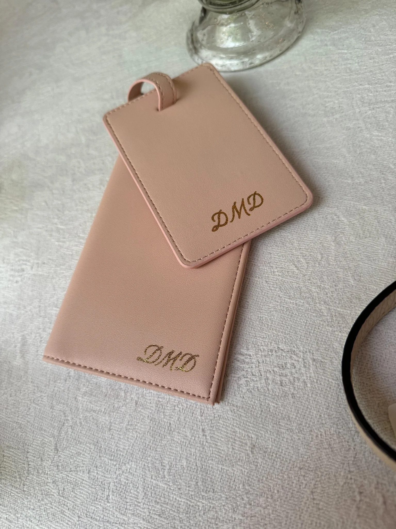 Monogrammed Pink Luggage tag and Passport Cover with gold initials DMD