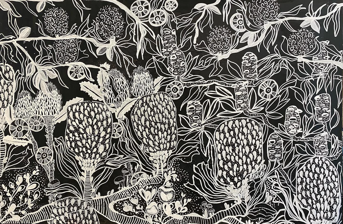 Detailed black and white illustration of various plants, flowers, and fungi, including pinecones, leaves, and mushrooms, arranged in an intricate pattern.