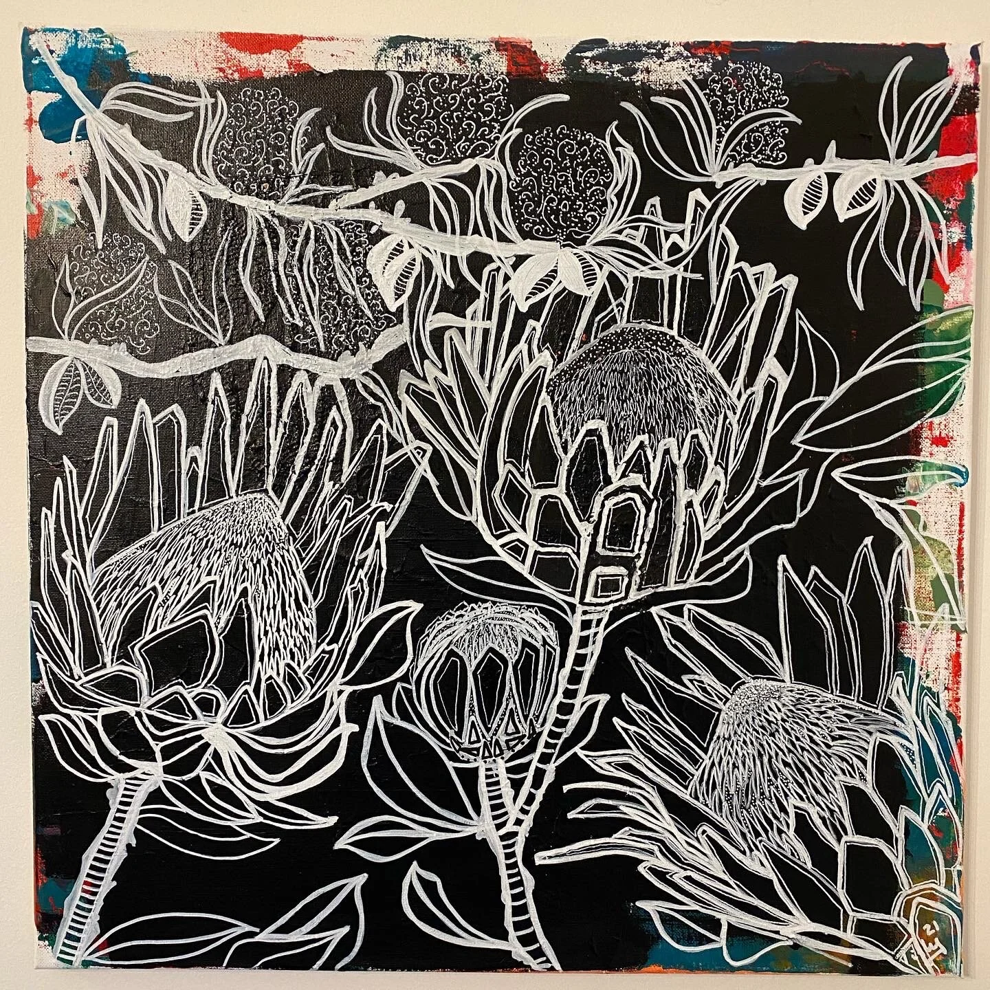 Artistic black and white line drawing of flowers and foliage on a dark background with colorful border accents.