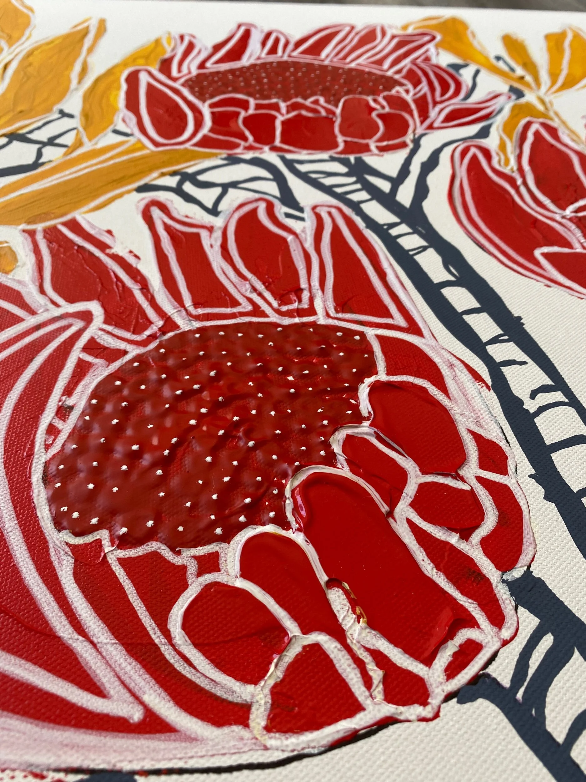 Close-up of a floral artwork featuring red and orange flowers with black stems on a white background, with textured paint and white outline details.