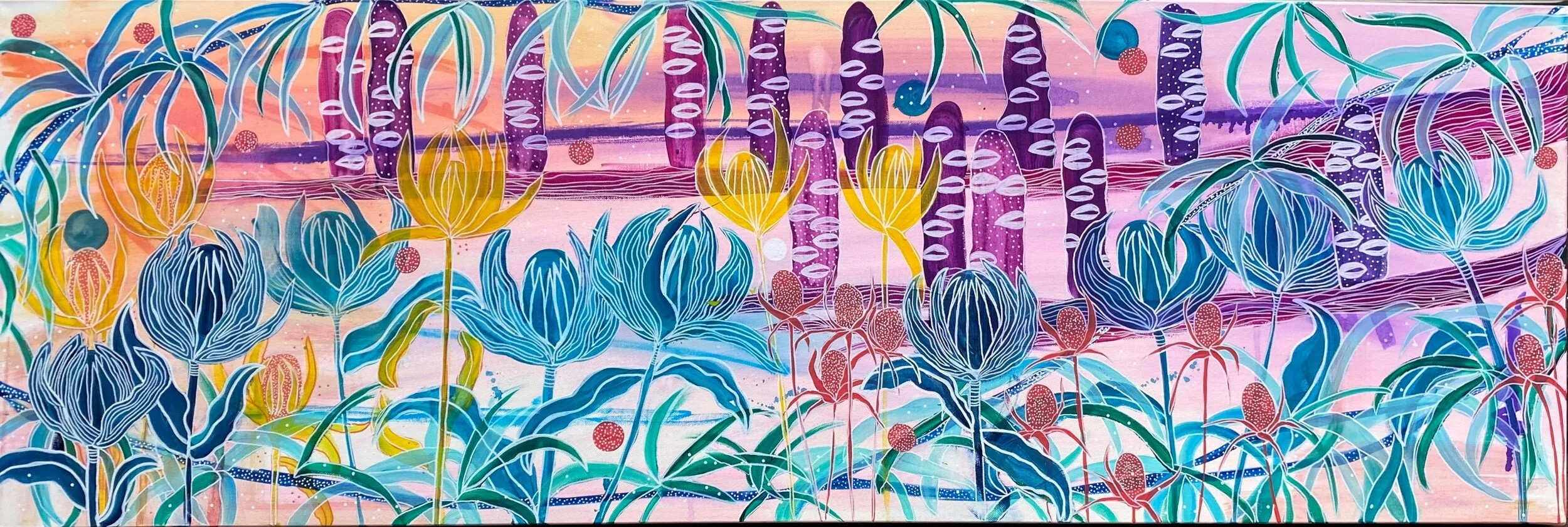 Colorful abstract painting of a garden scene with large blue and yellow flowers, purple and blue stems, and a pink and purple background.