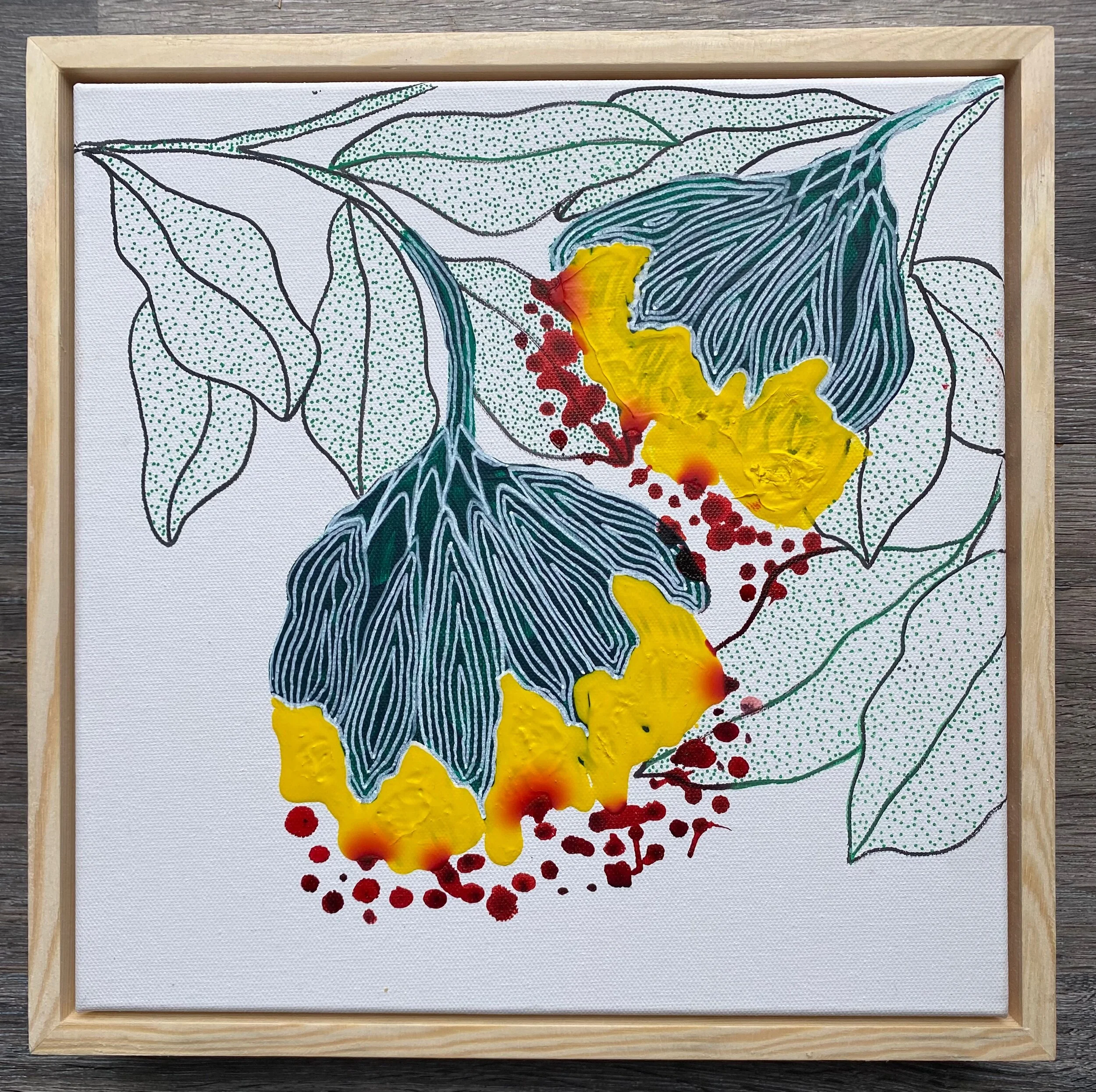 Abstract painting of stylized yellow flowers with green and blue leaves, red dots, and swirling patterns in a wooden frame.
