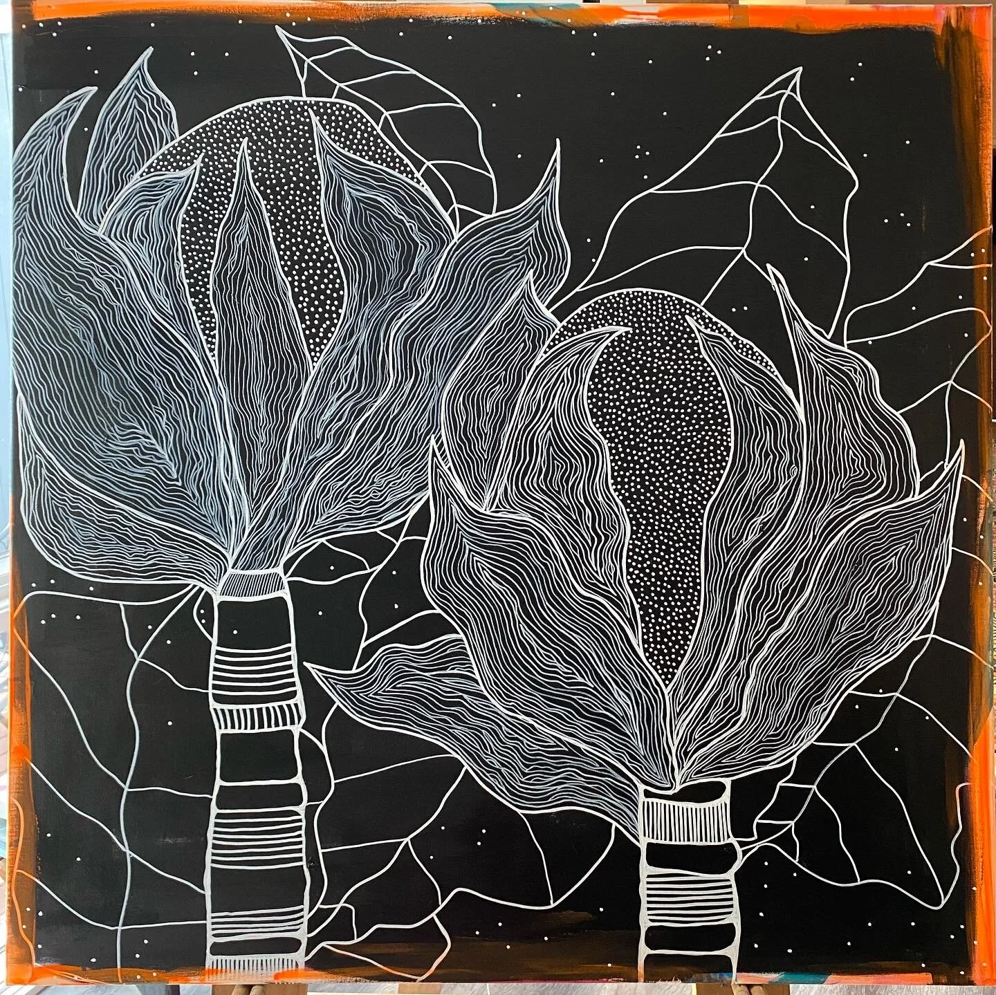 Abstract artwork of stylized flowers with intricate line patterns and dots on a black background.