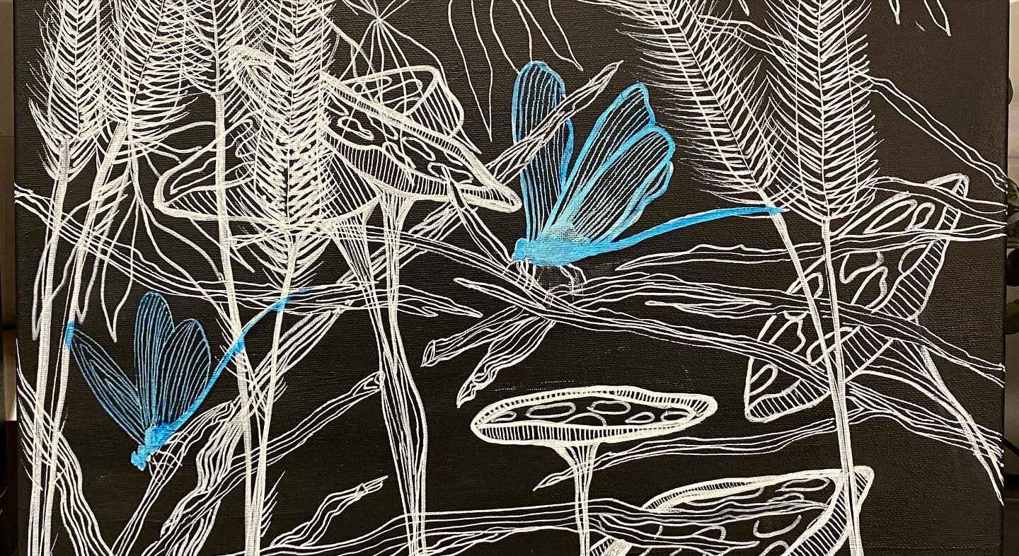 Abstract artwork of white line drawings of mushrooms, wheat plants, and two blue dragonflies on a black background.