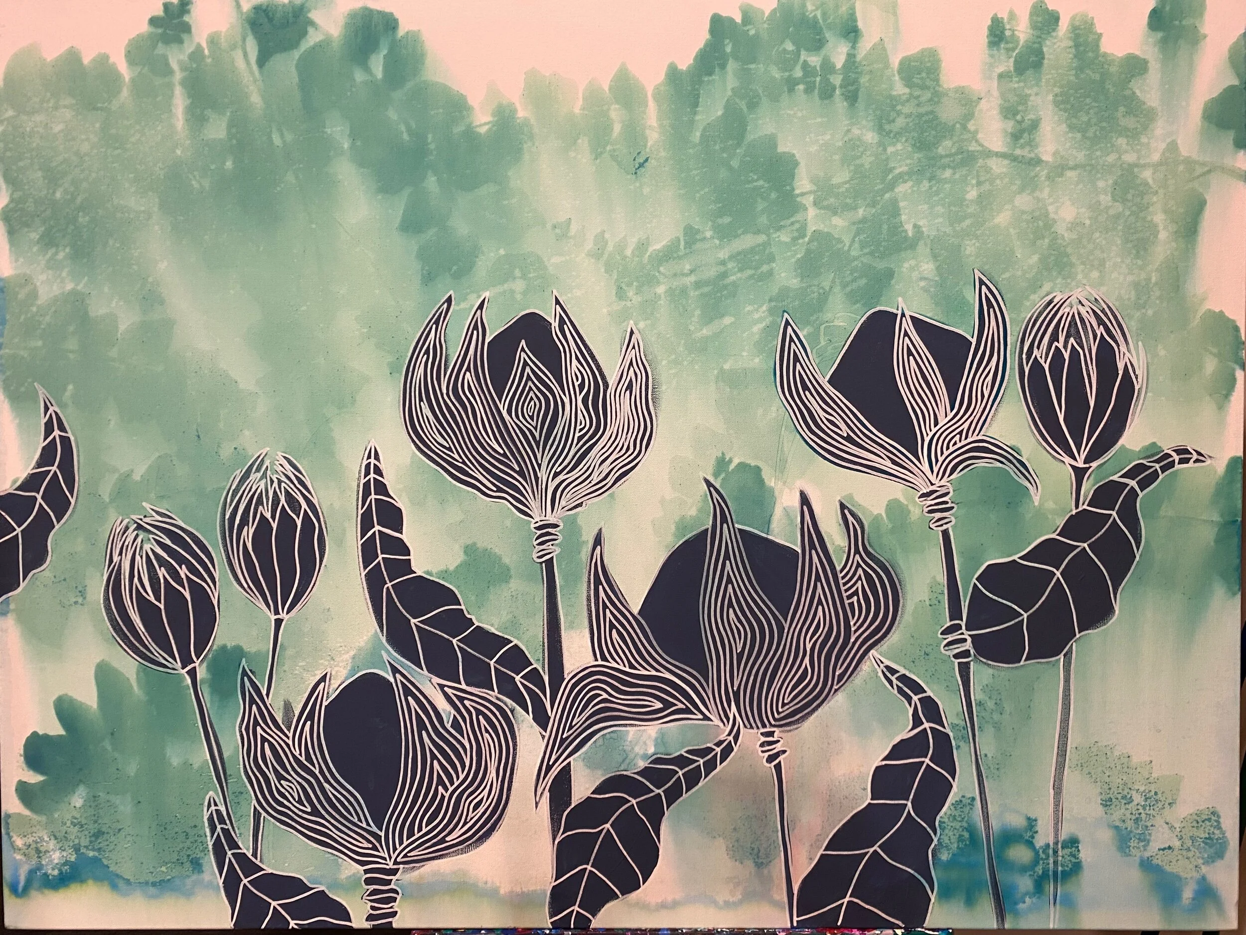 Abstract painting of stylized flowers with dark petals and intricate white outlines against a green and light pink background.