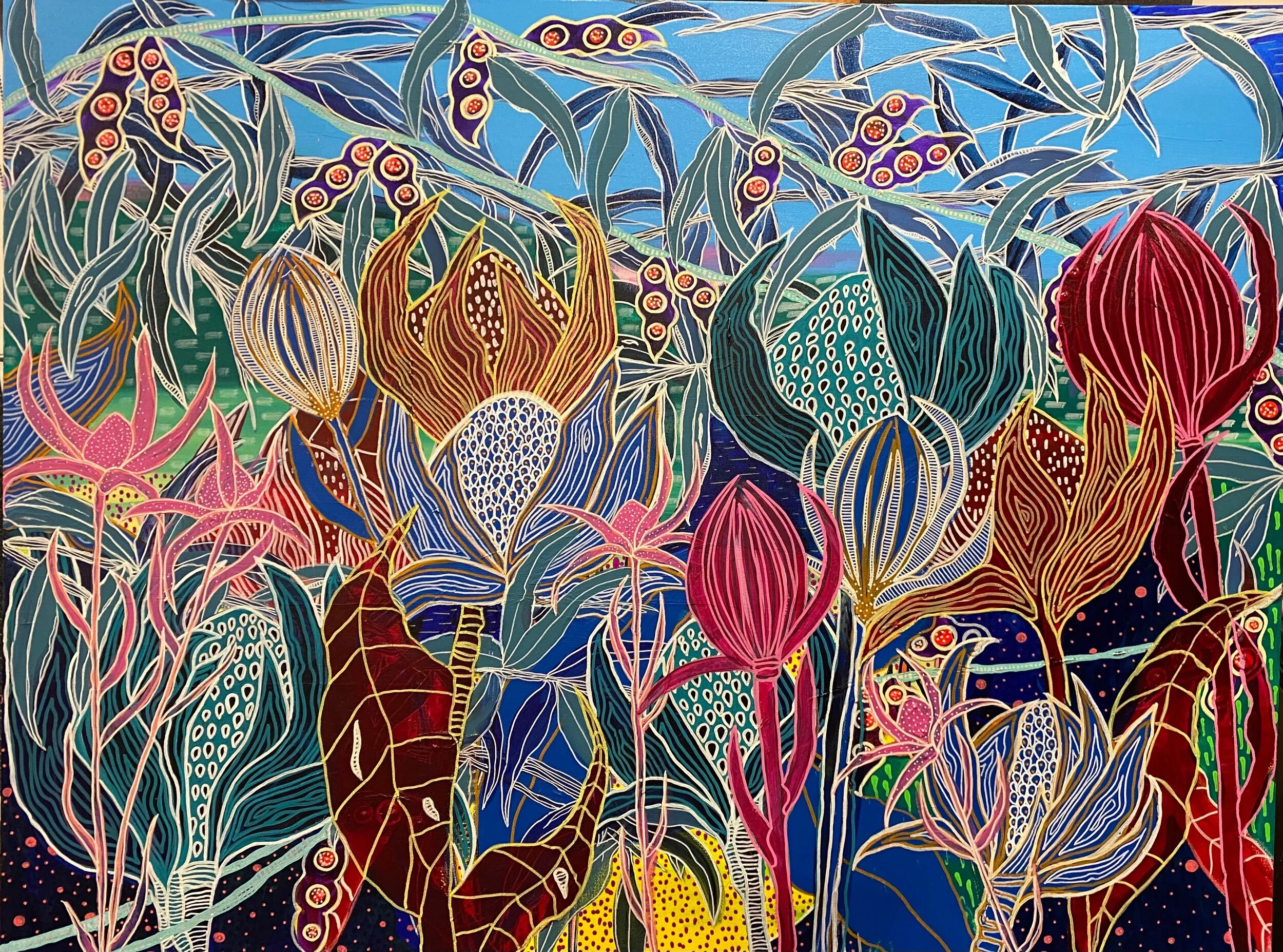 Colorful abstract artwork featuring stylized flowers and leaves with intricate patterns and vibrant hues.