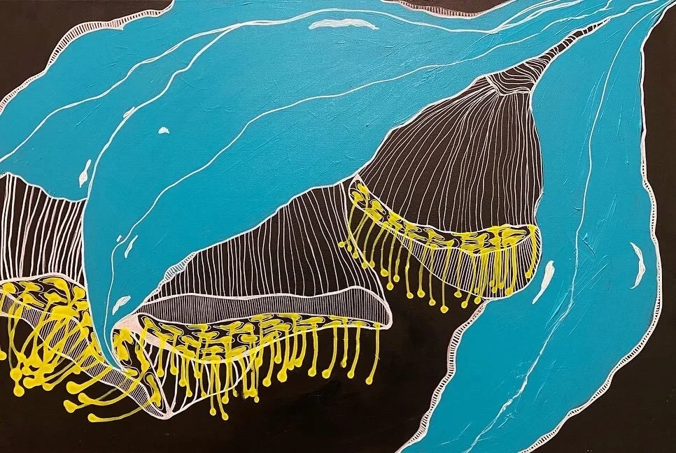 Abstract painting with blue shapes, yellow drips, and white lines on a dark background