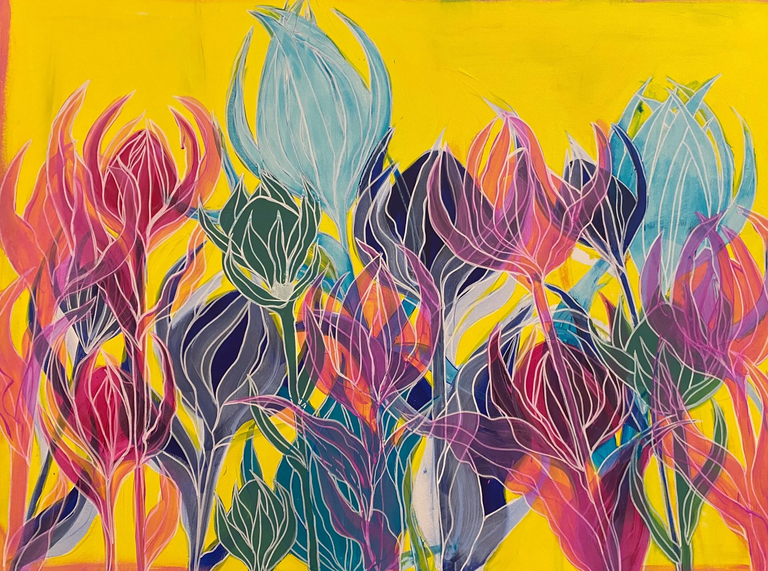 Colorful abstract painting of stylized flowers with pink, blue, and green petals on a vibrant yellow background.