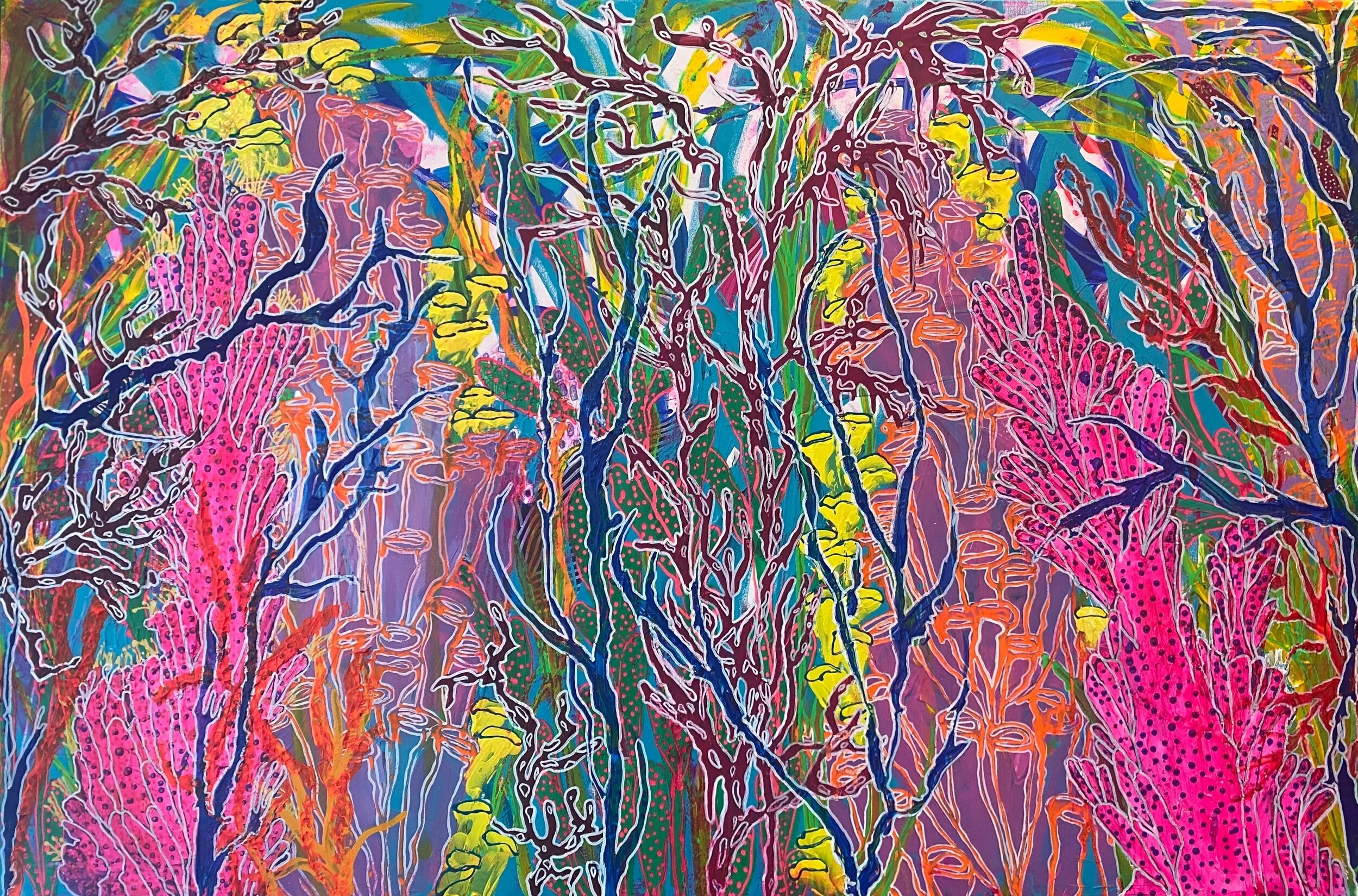 Colorful abstract painting with swirling patterns and organic shapes in vibrant pink, yellow, green, and blue hues.