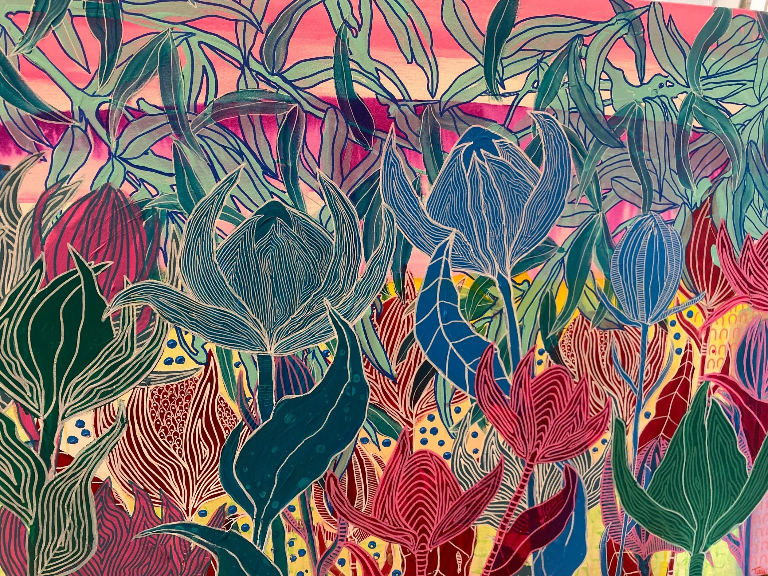 Colorful abstract painting of flowers and foliage with intricate patterns and vibrant colors, including shades of pink, blue, green, and red.