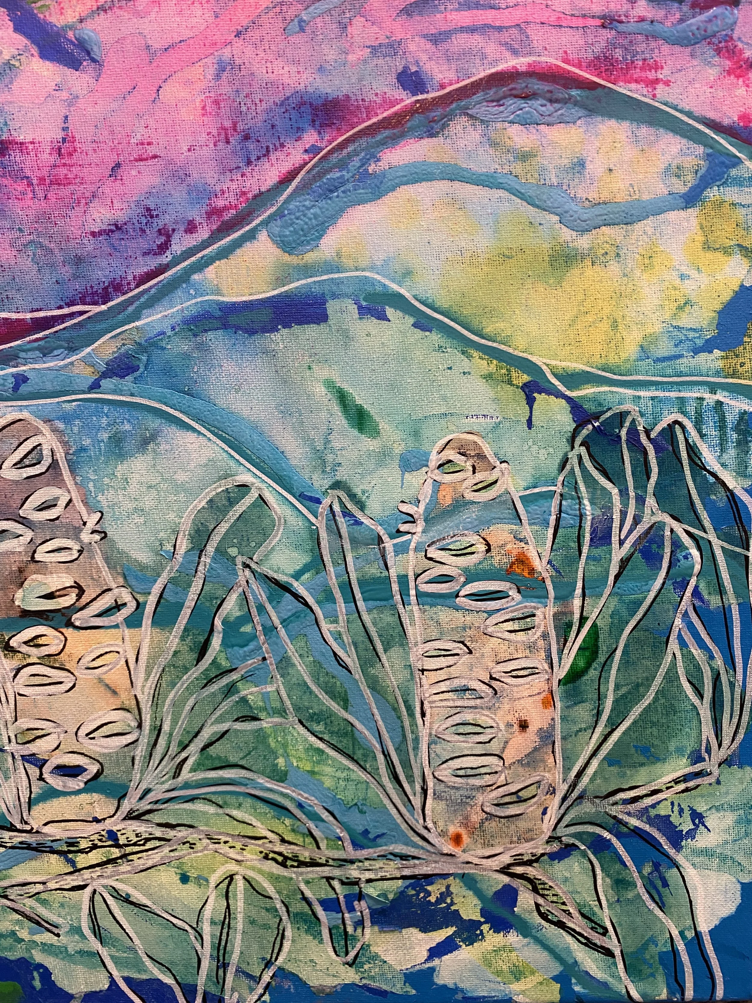 Colorful abstract painting of a mountain landscape with green, blue, yellow, pink, and purple watercolor washes, featuring white line drawings of a corn plant with ears of corn and a butterfly in the foreground.