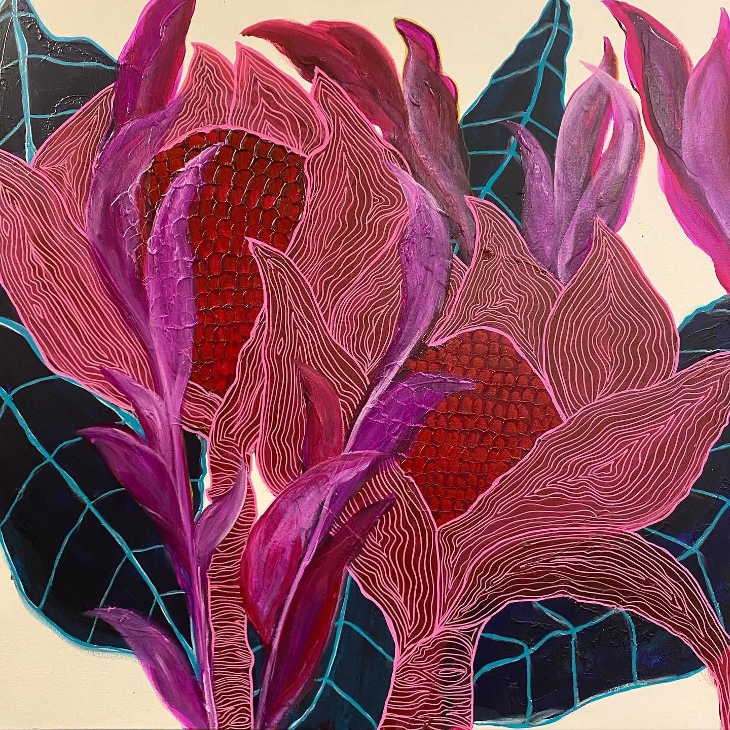 Abstract artwork featuring vibrant red and pink leaves with intricate line patterns against a dark, geometric background.