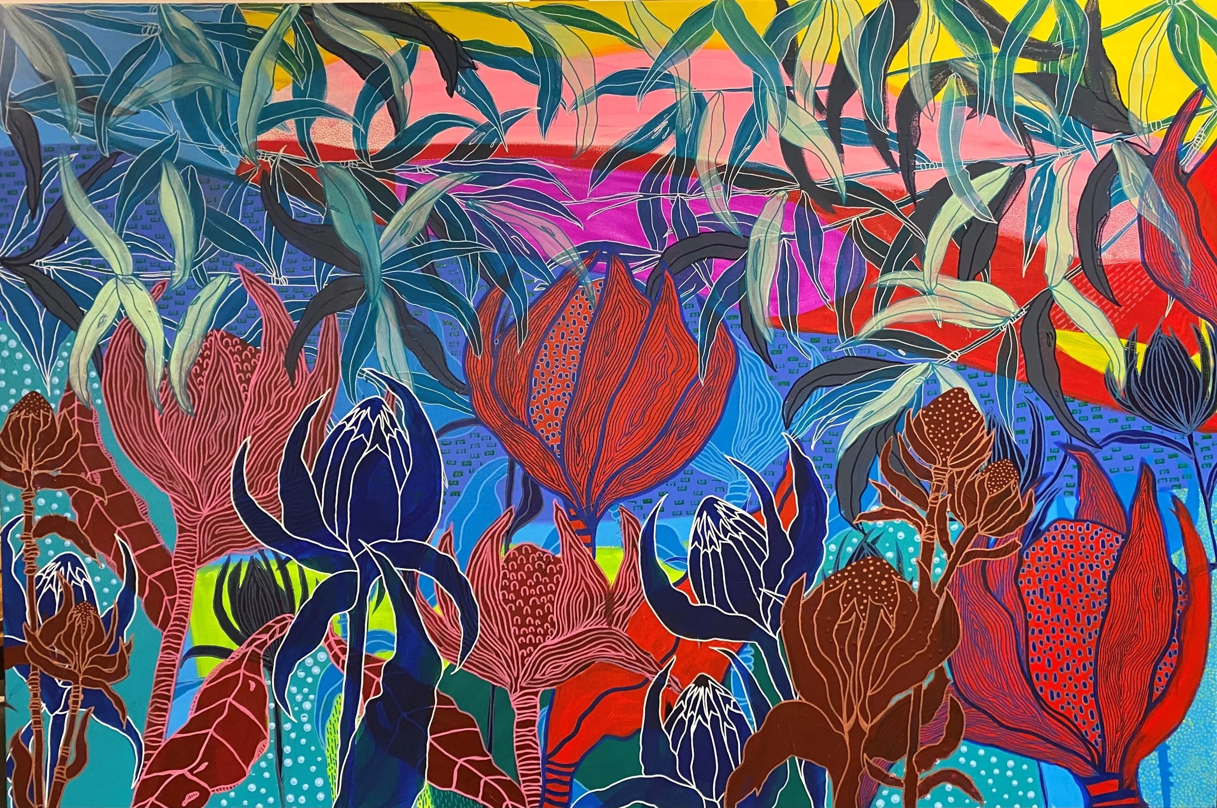 Colorful abstract painting of tropical plants and flowers