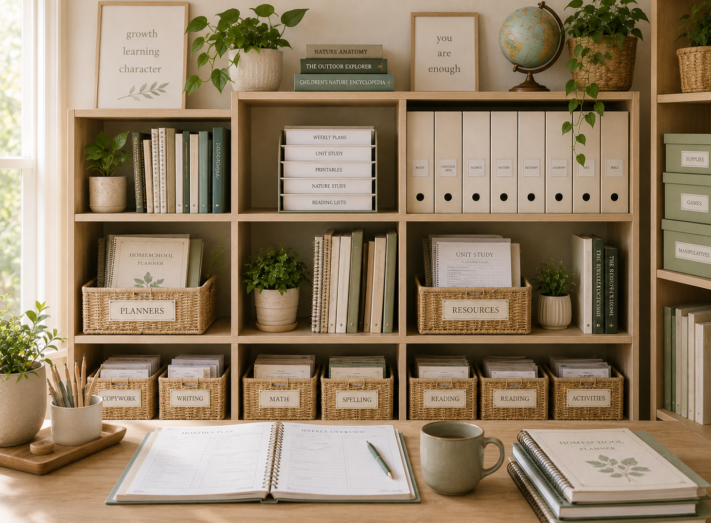 A neatly organized home school study area with wooden shelves filled with books, binders, and labeled wicker baskets for planning, resource management, and activities. There are potted plants, framed prints with motivational quotes, and a globe on top of the shelves. An open planner and writing utensils are on the desk.