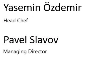 Text displaying names and titles: Yasemin Özdemir, Head Chef, Pavel Slavov, Managing Director.