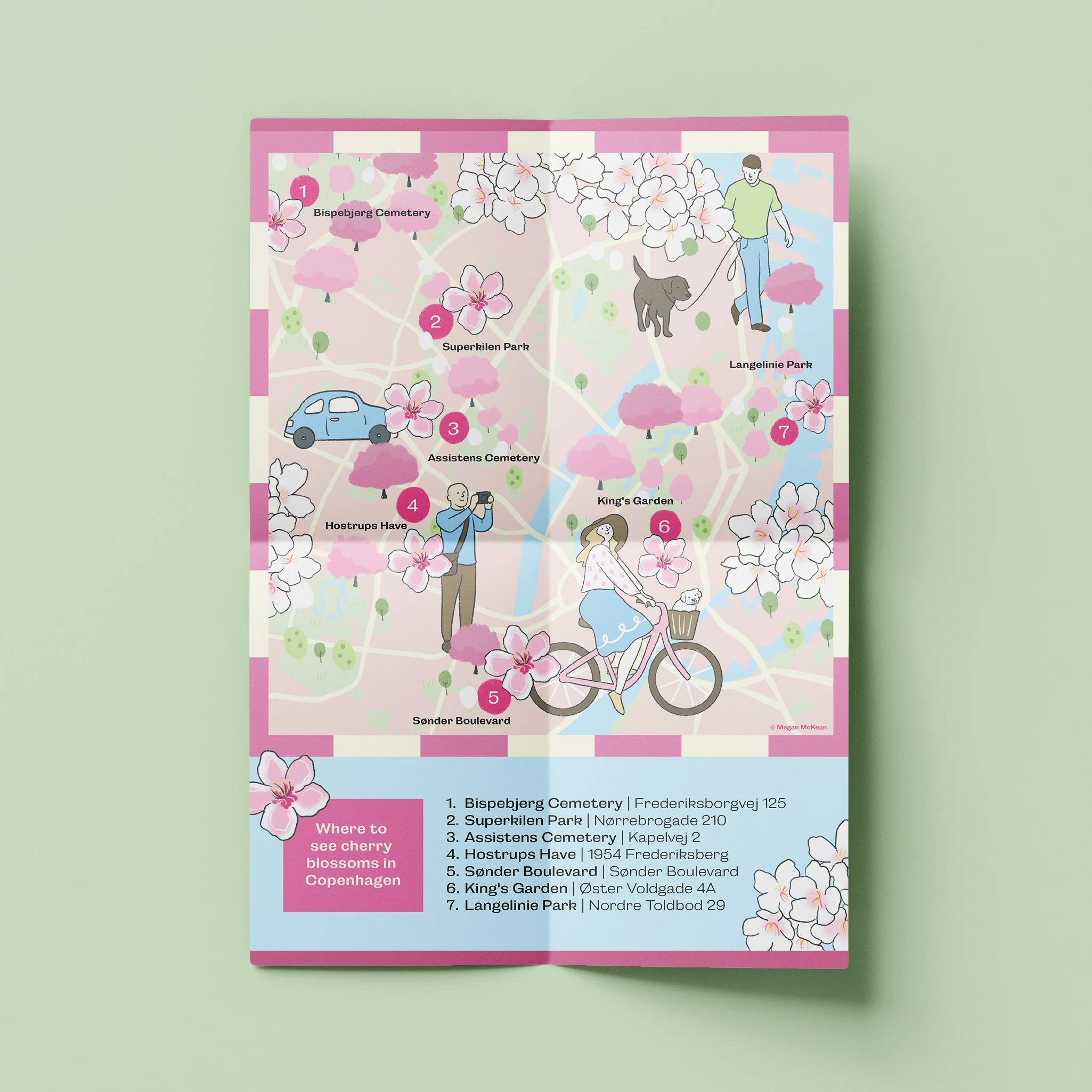 Illustrated map of where to see cherry blossoms in Copenhagen by Megan McKean
