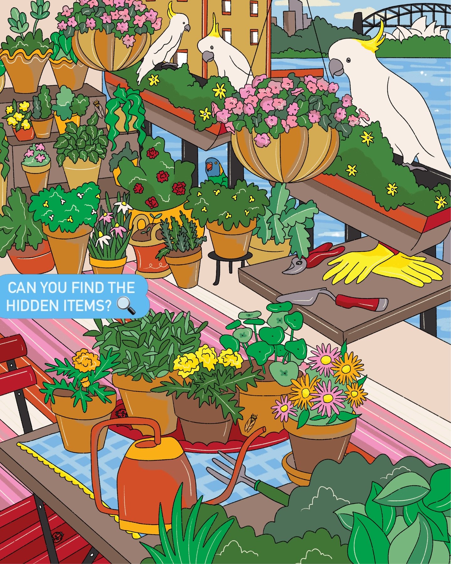 Let&rsquo;s play a game! Find the hidden items on the Sydney balcony (the reveal is on the final slide). If you&rsquo;re wanting a little extra challenge, also try and spot two little ladybugs 🐞⁠
⁠
My new book &rsquo;Birds, Blooms &amp; Bugs&rsquo; 
