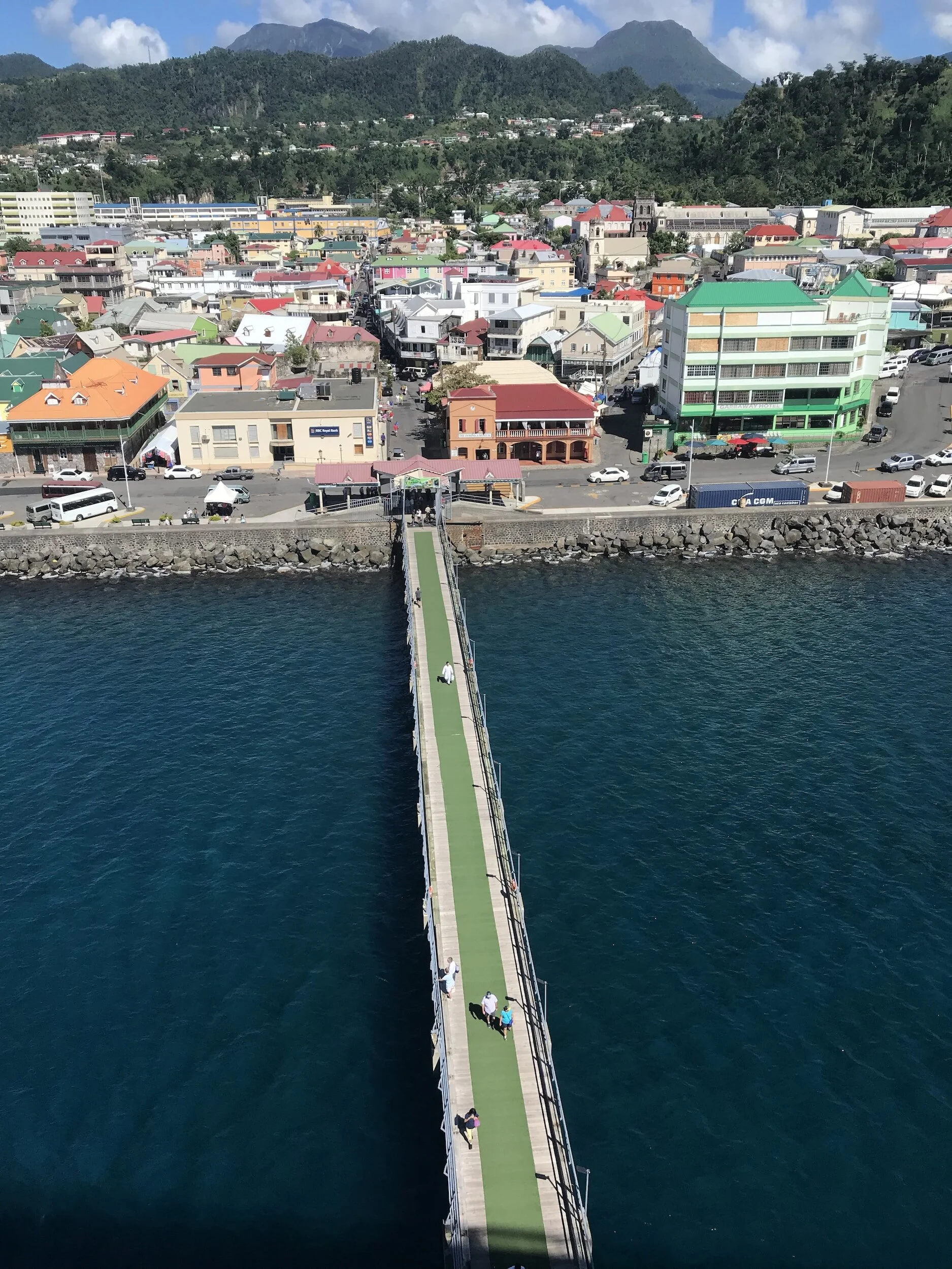 Aerial view of Roseau, Dominica's port over the water. The town has colorful buildings, some with green, red, and orange roofs, and is surrounded by lush green mountains.