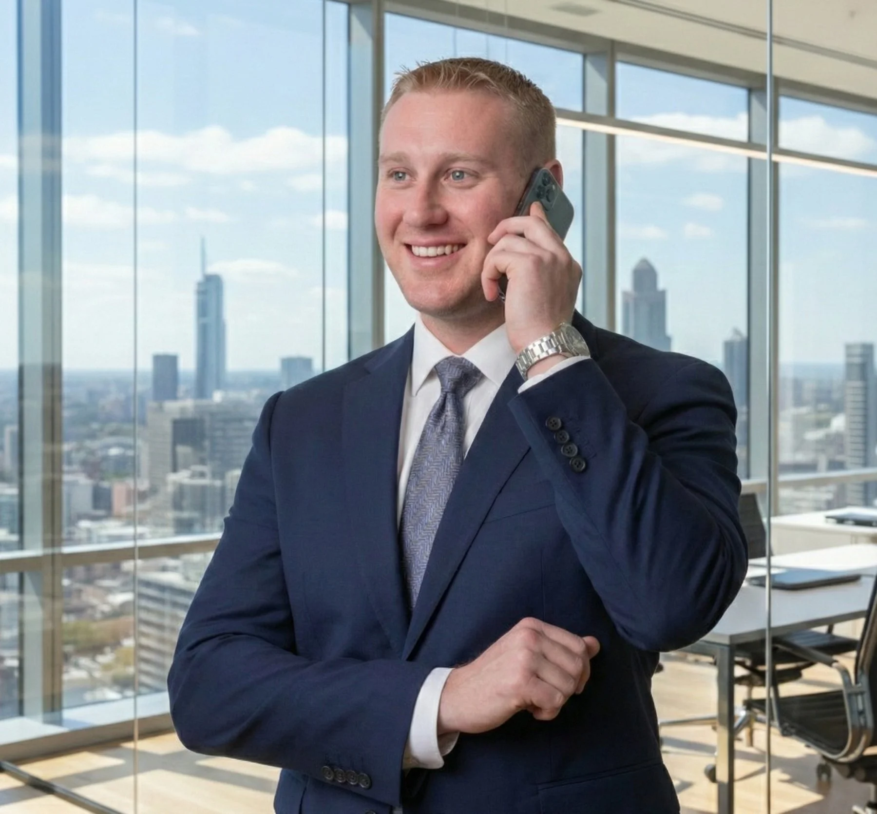 Insurance agent Daniel Schram speaking with a client by phone in his office