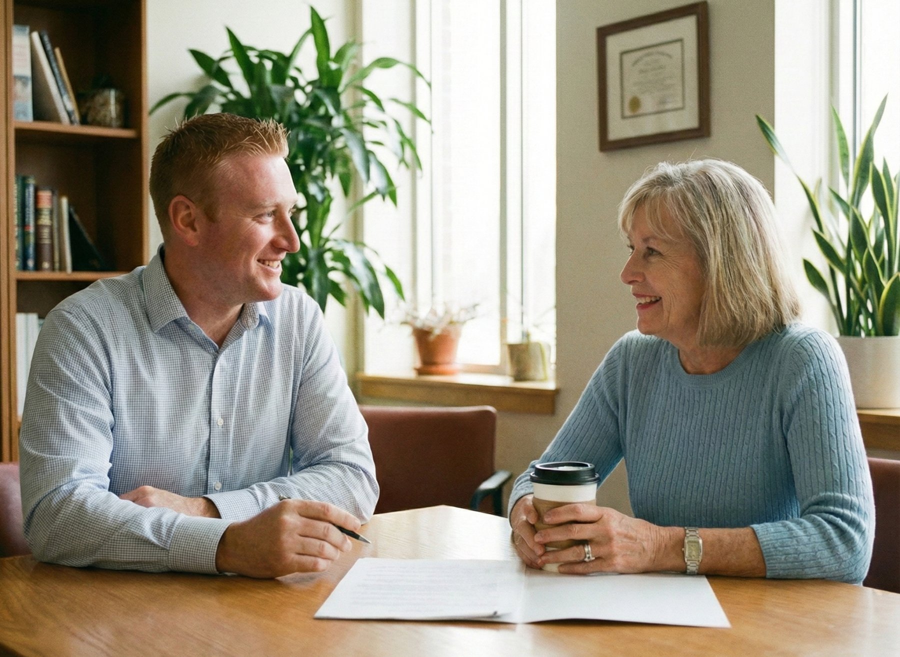 Medicare insurance agent reviewing a health plan with a senior client over coffee at Schram Insurance Planning