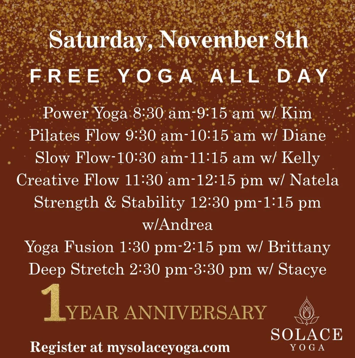 🎉 We&rsquo;re Turning One! 🎉

One year ago, Solace reopened its doors &mdash; and what a beautiful year it&rsquo;s been!

To celebrate you, our amazing community, we&rsquo;re offering FREE yoga classes all day.

Come move, breathe, and celebrate th