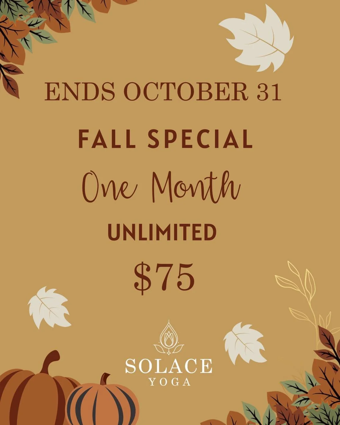 Don&rsquo;t Miss Out On our Fall Special 🍁🍂
One Month of Unlimited Yoga for $75 (Regularly $150)Ends tomorrow
