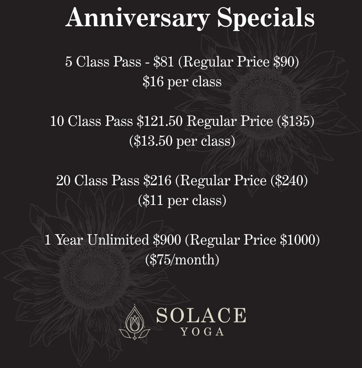 Take advantage of our Anniversary Specials!Last day to receive the discount is November 30th.