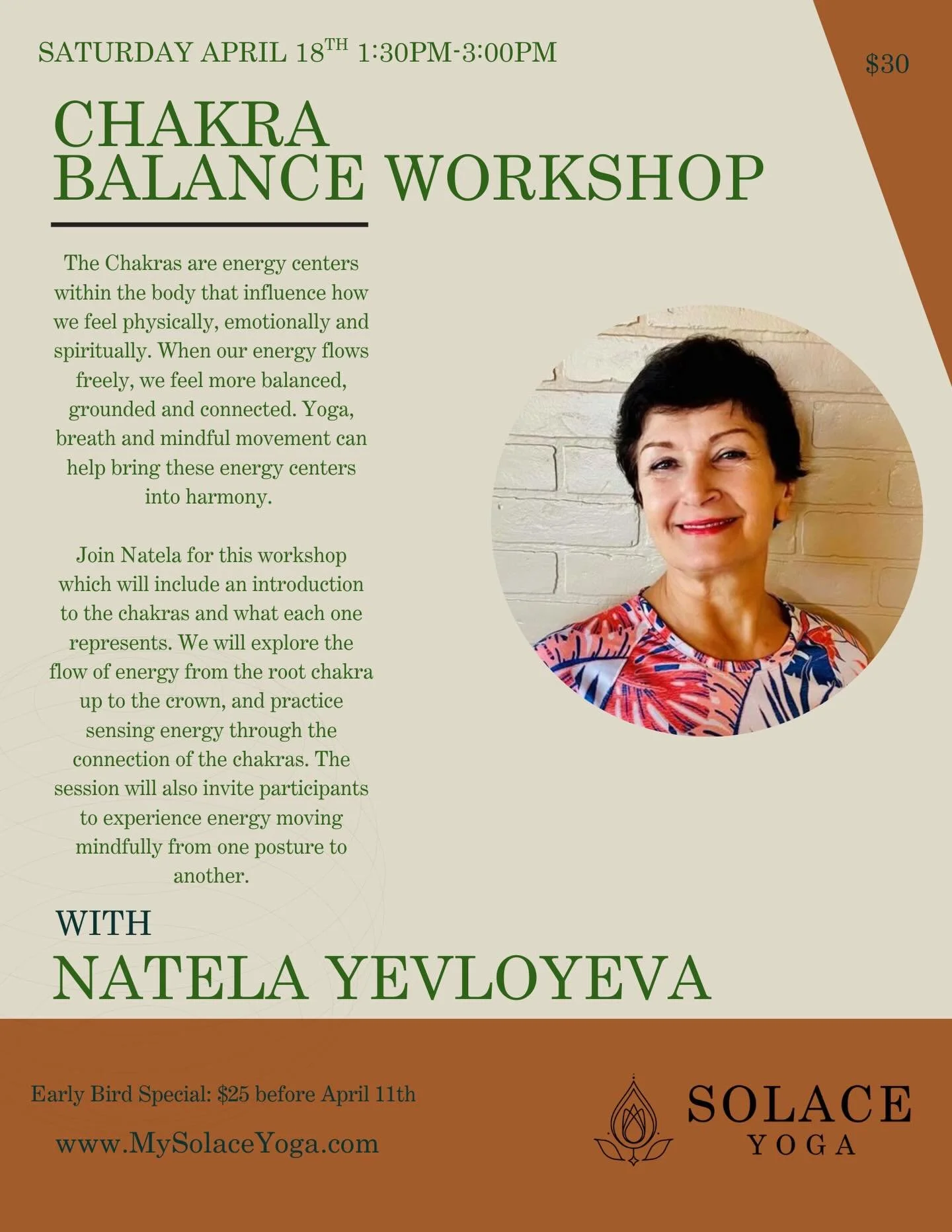 Join Natela for this informative workshop on our energy centers known as chakras. You will explore the flow of energy and sensing energy through the connection of chakras. Sign up today! #solaceyogastudio #yoga #chakras #concord #kannapolis