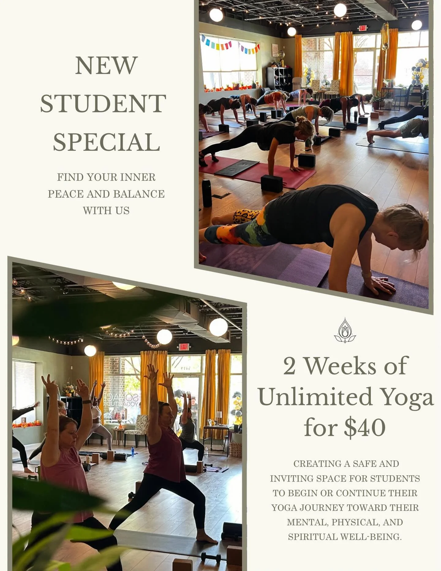 Start your yoga journey with us

&bull; Beginner-friendly classes
&bull; Supportive, welcoming environment
&bull; A variety of class styles

Take advantage of our special introductory offer and discover what yoga can do for you&mdash;mind, body, and 