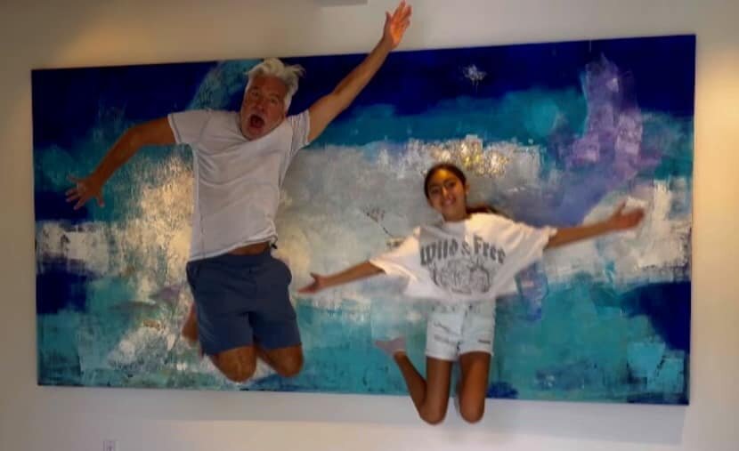 A fun pic of OT and Ava in front of the 10foot painting that I did for their home. Love family time🥰🥰🥰