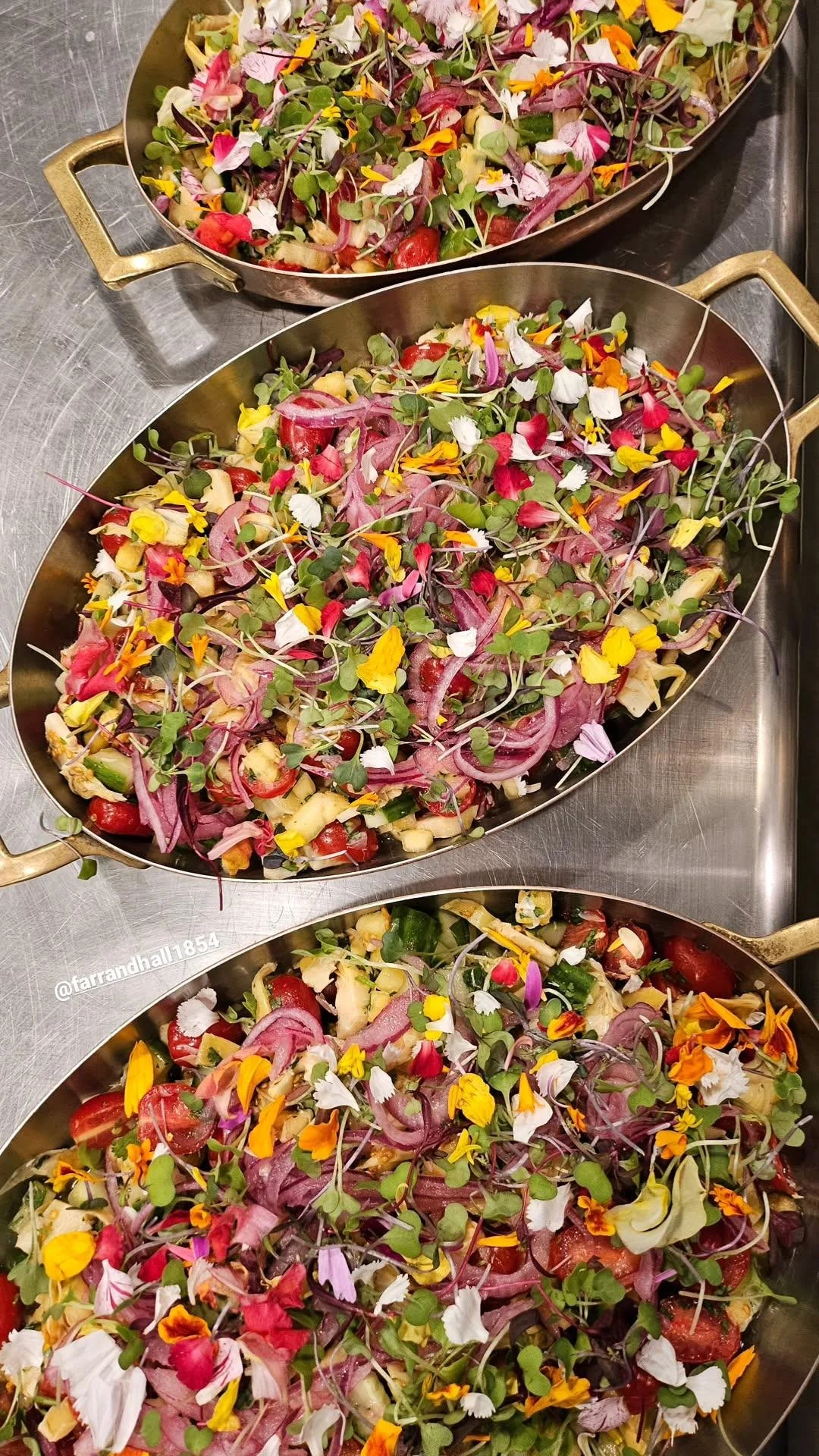 Three metal trays filled with colorful salad ingredients, including microgreens, sliced red onions, cherry tomatoes, and edible flowers.