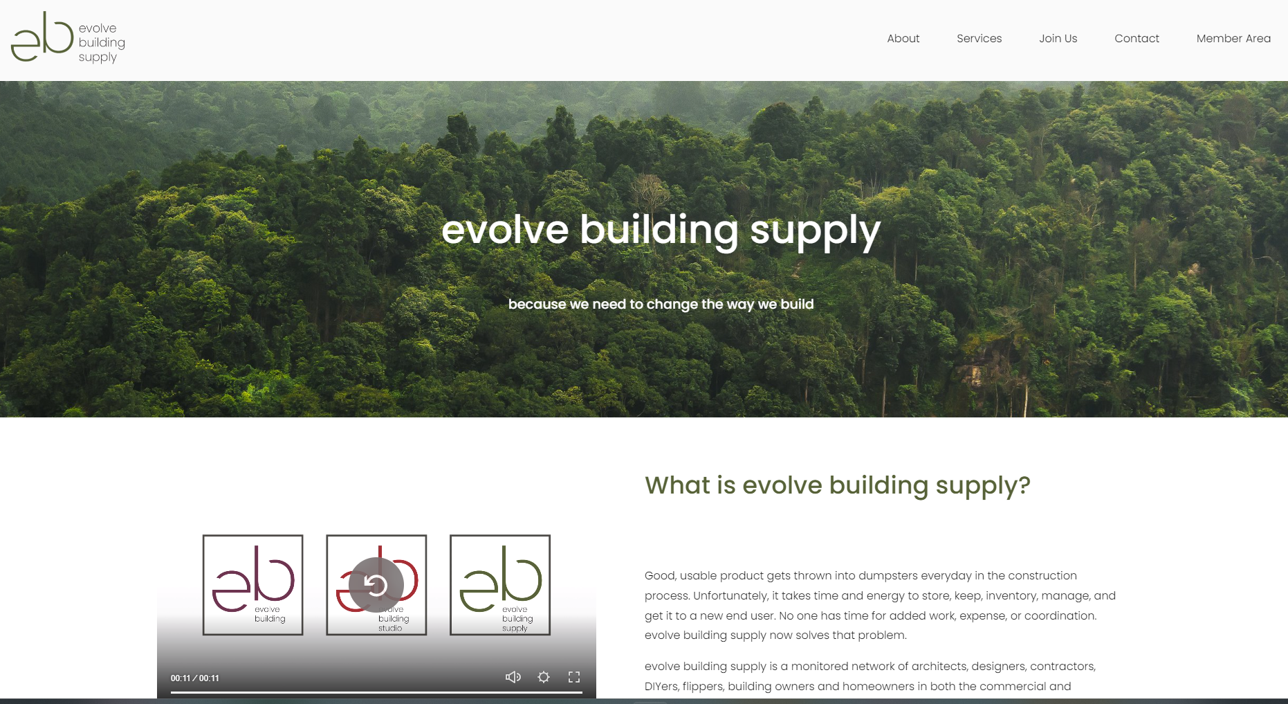 The front page of a website- it has a photo of a forest at the top with white text overlaid that says "evolve building supply- because we need to change the way we build"