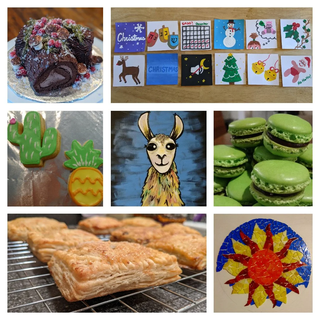A collage of various baked goods, paintings, and drawings